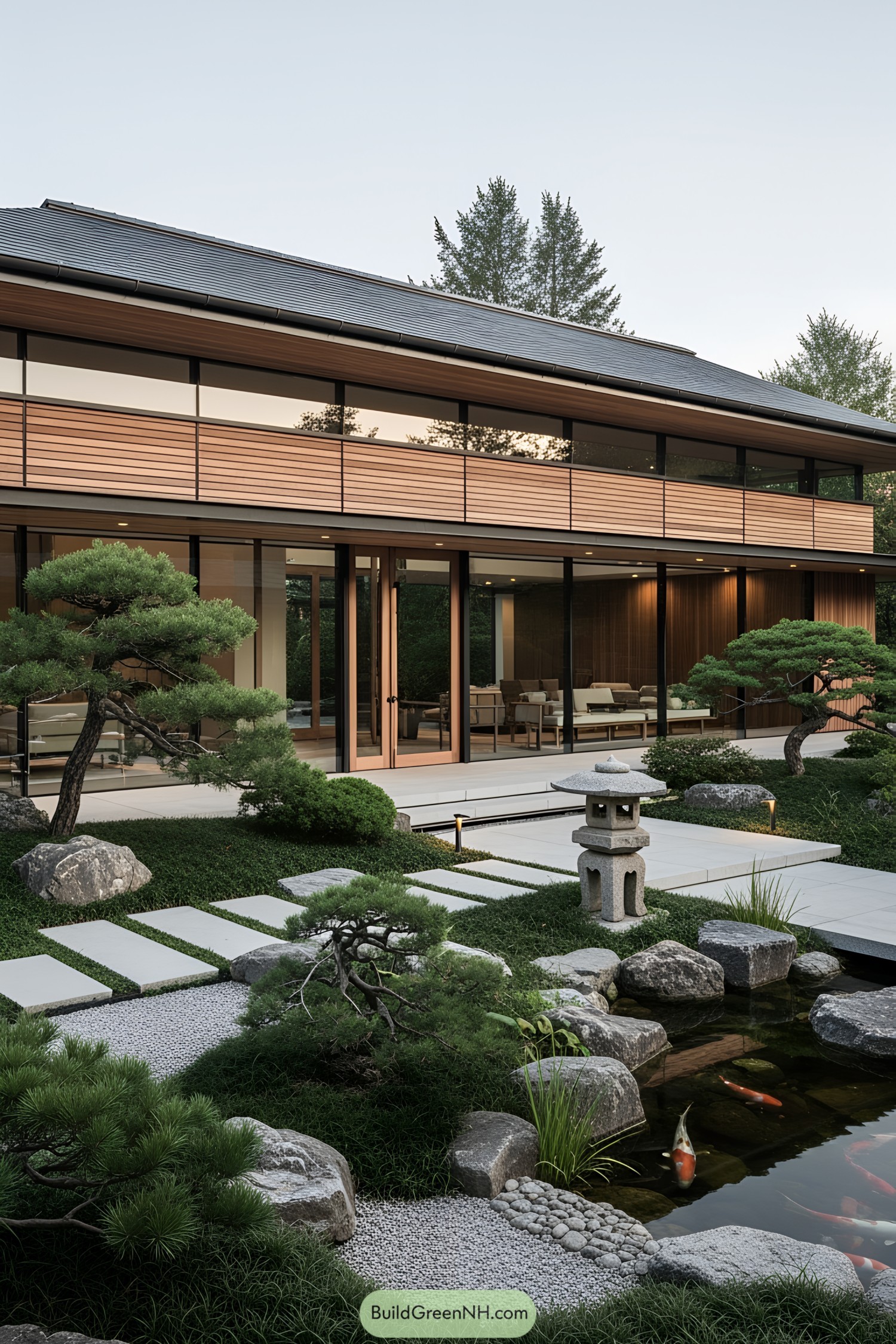 Modern minimalist Japanese home with lush garden and koi pond