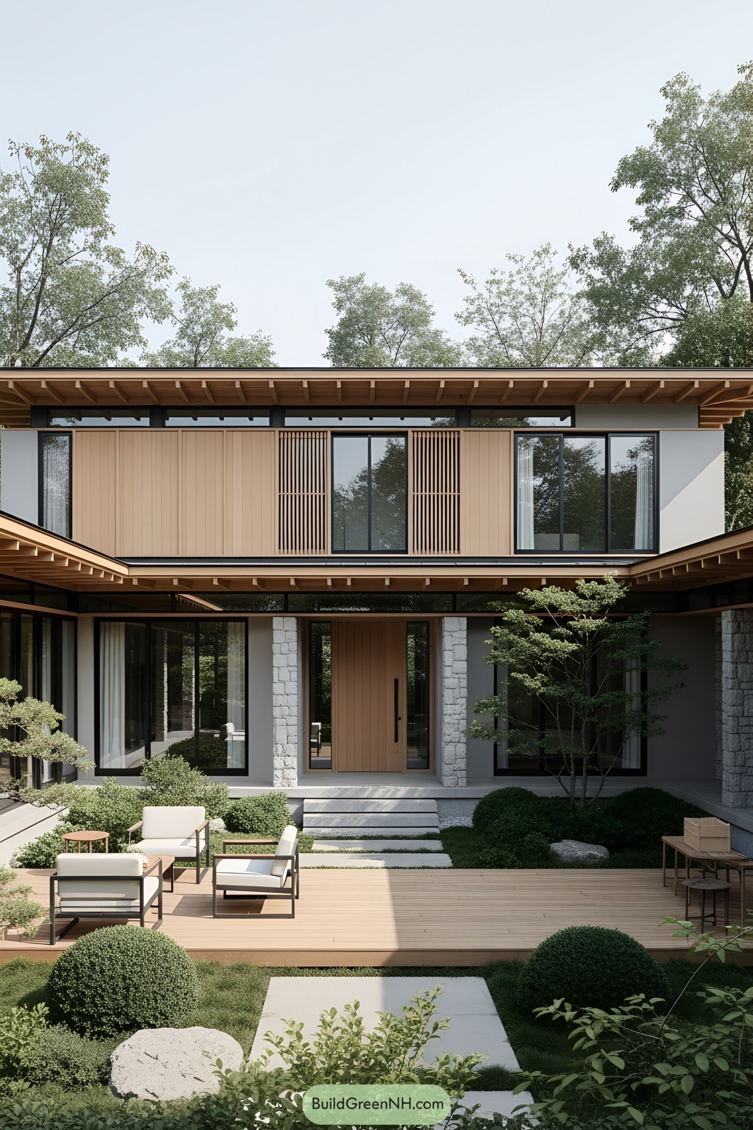 Modern Japanese-style house with wooden facades and lush garden