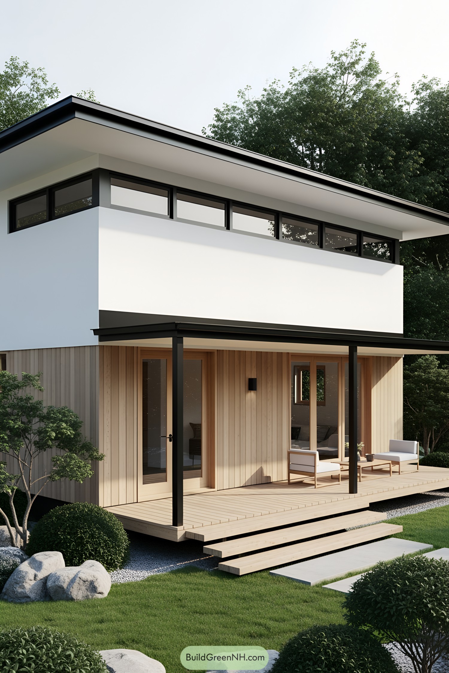 Modern Japanese-style house with wooden elements and a serene porch
