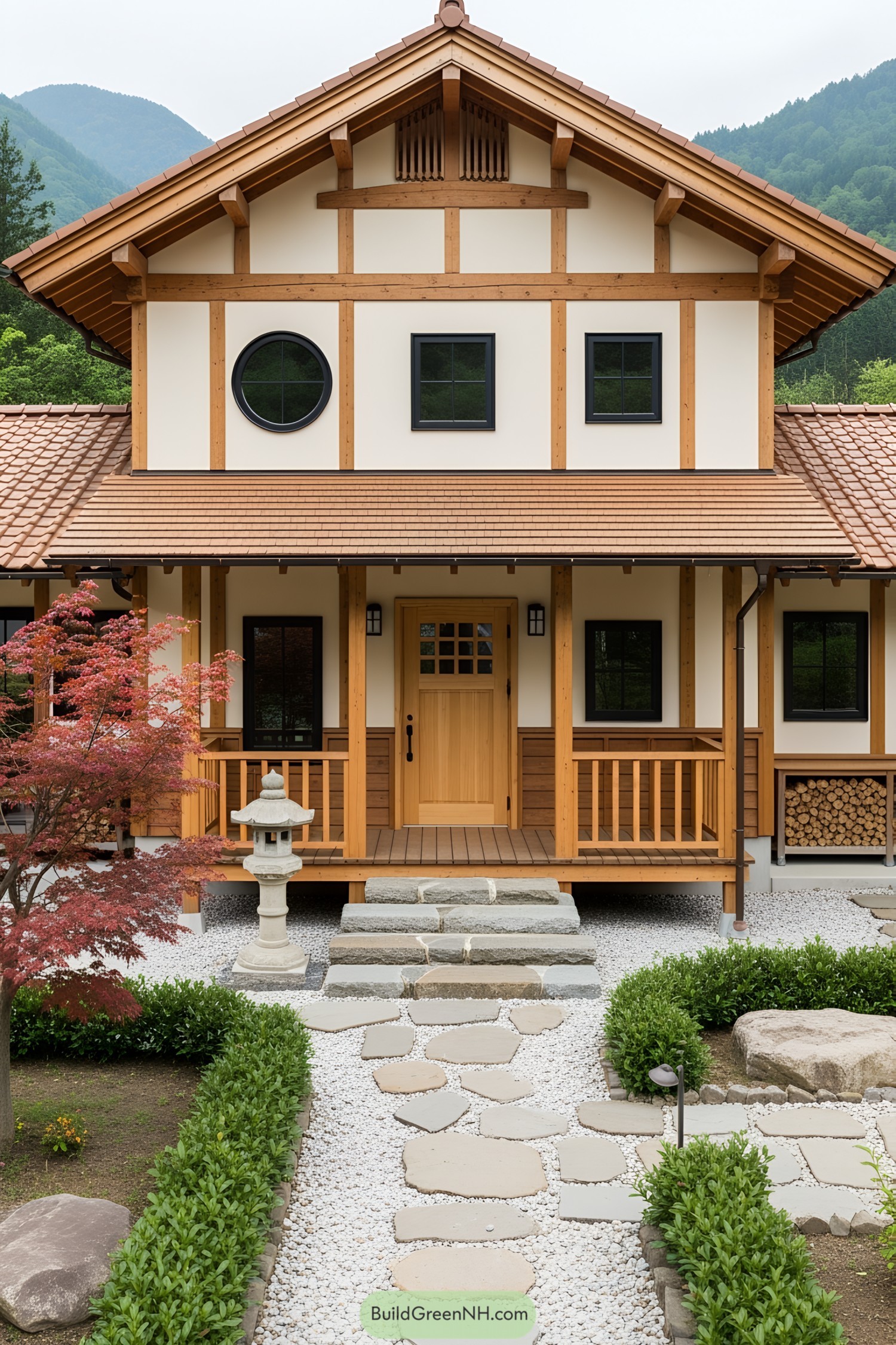 Traditional Japanese house with wooden features and lush garden