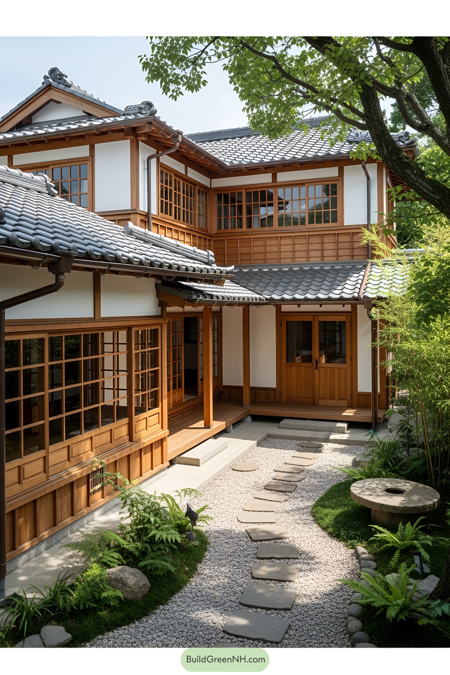 Japanese-style home with wooden panels and a serene garden