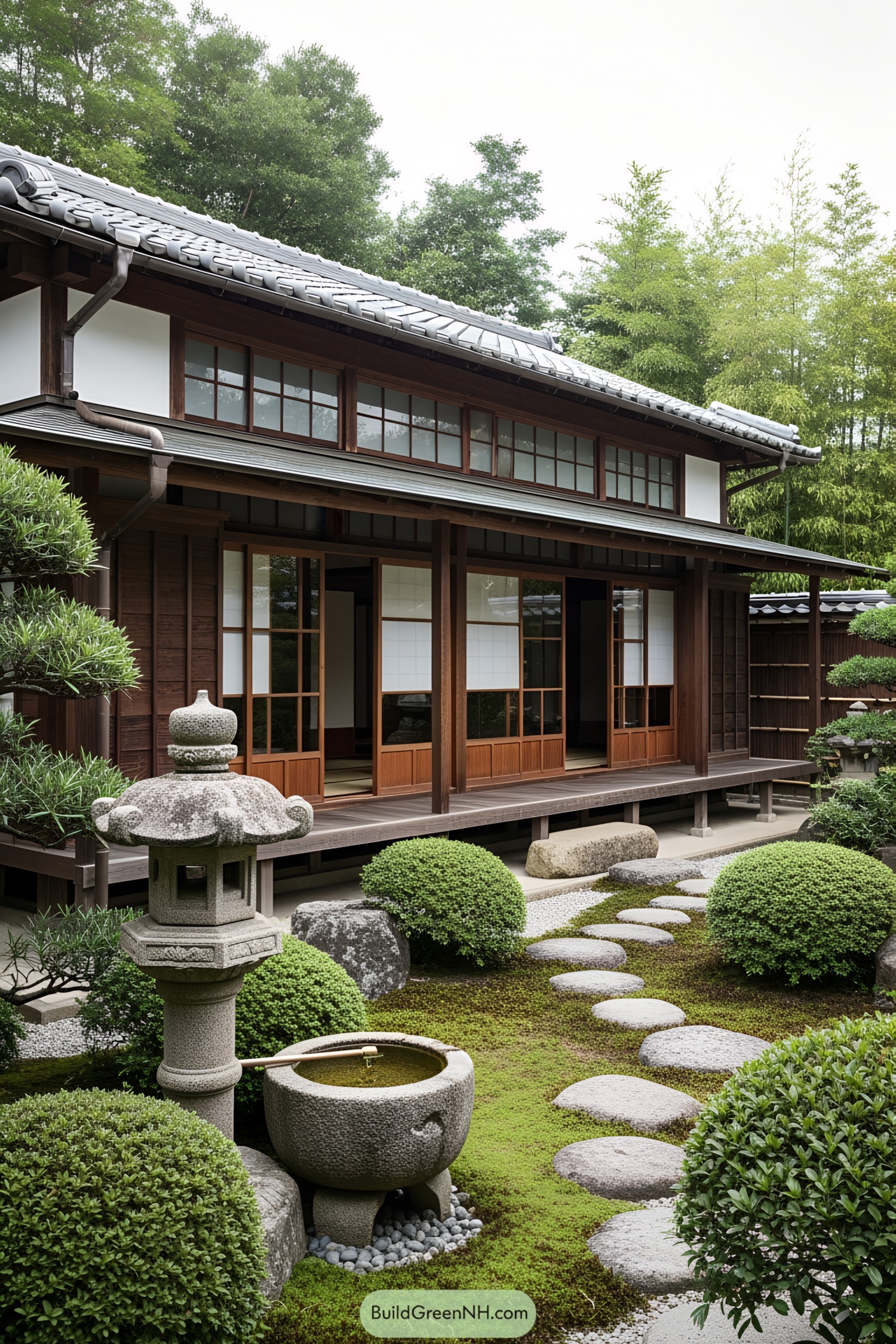 Traditional Japanese house with garden and stone pathway