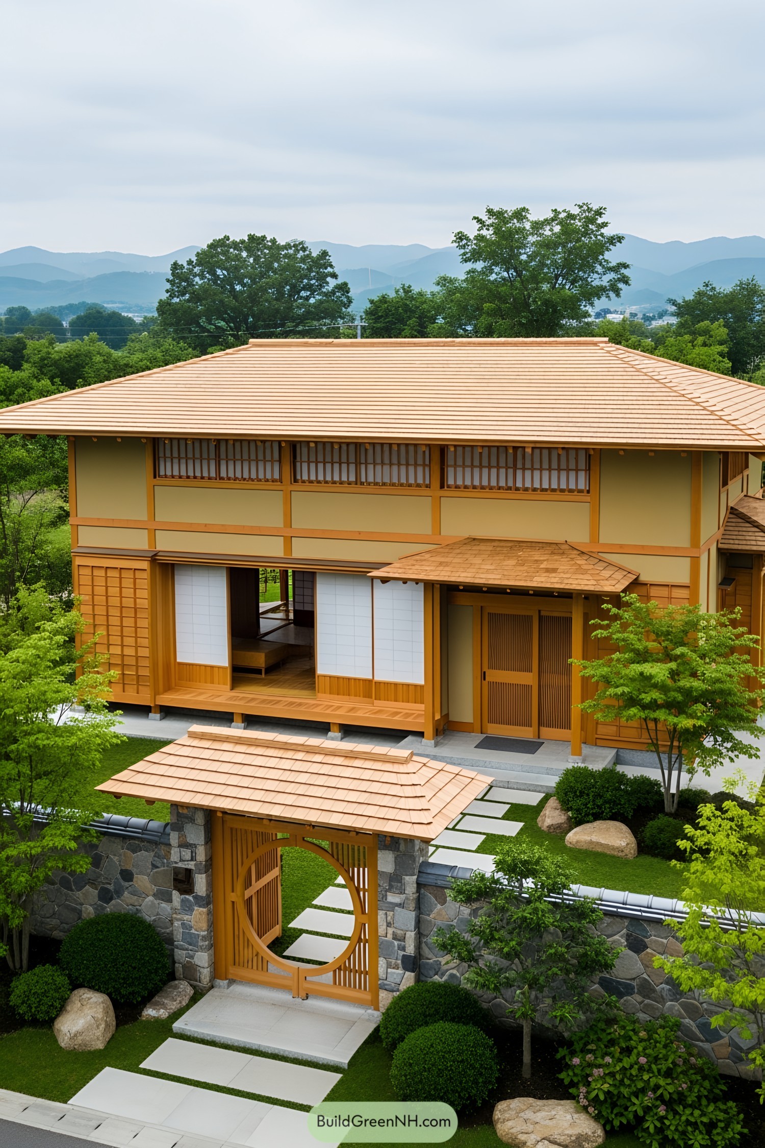 Japanese-style house with wooden features and a peaceful garden