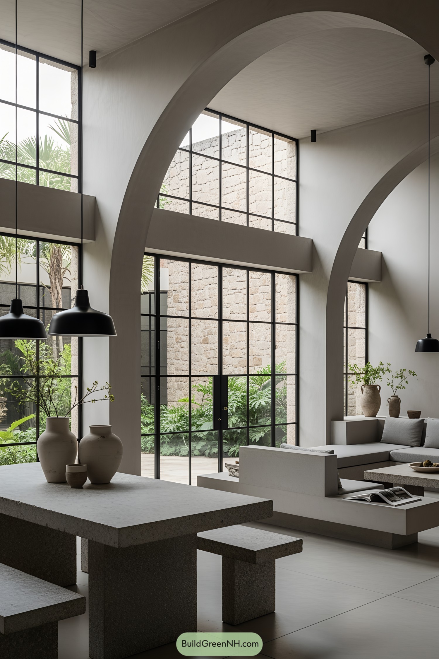 Spacious modern interior with large arches and concrete furnishings
