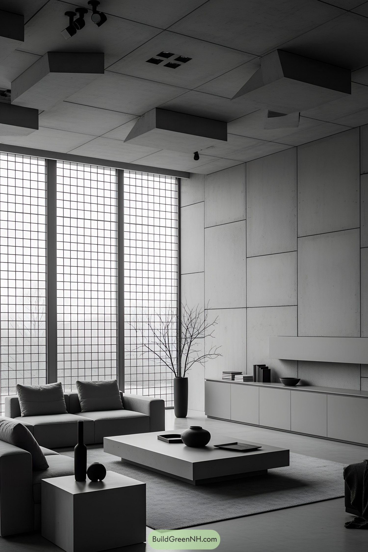 Modern living room with concrete walls and minimalist furniture