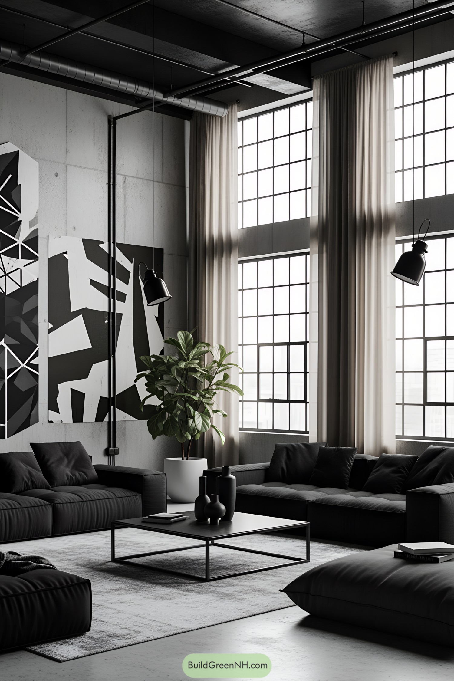 Stylish concrete living room with black furniture and large windows