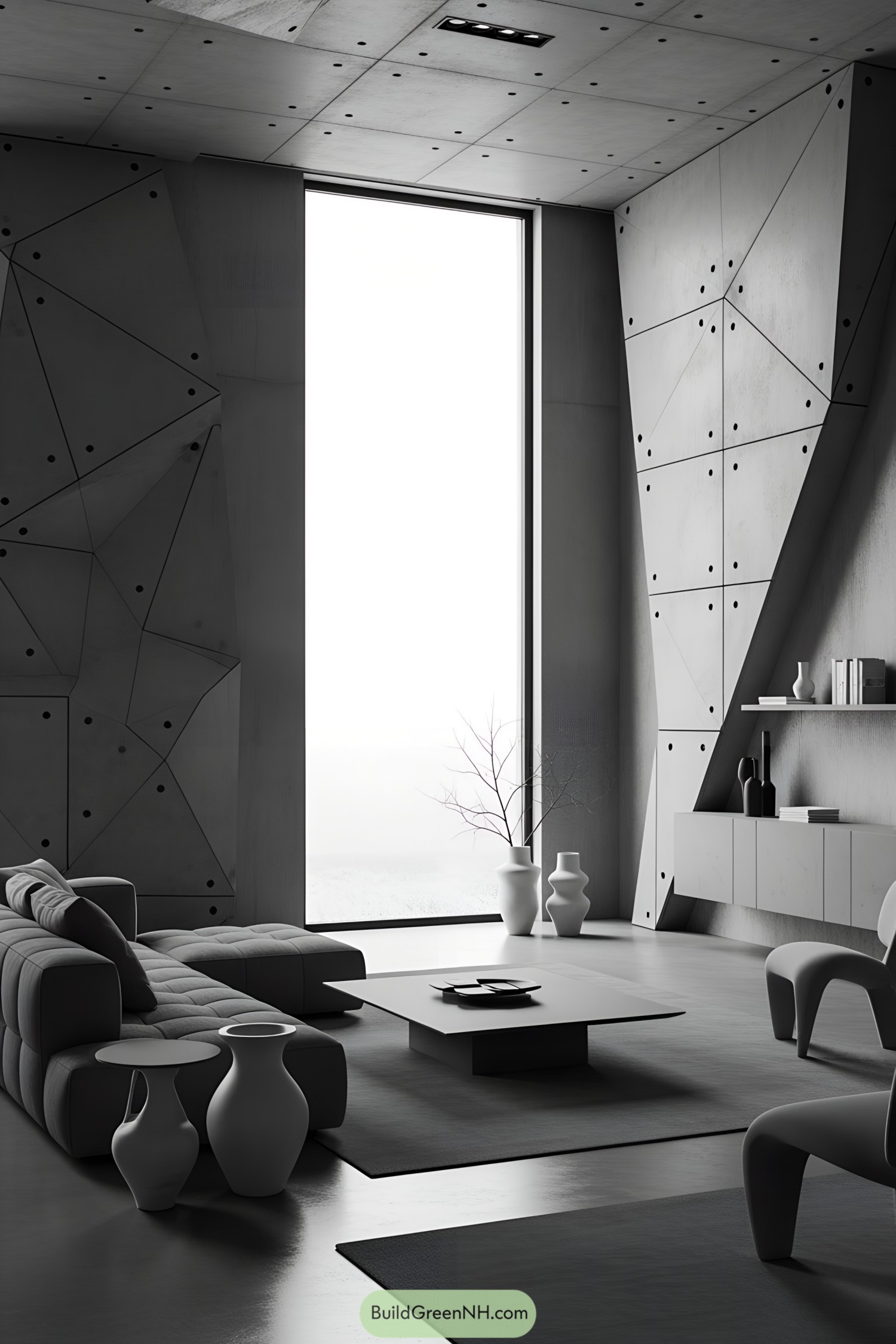 Minimalist living room with geometric walls