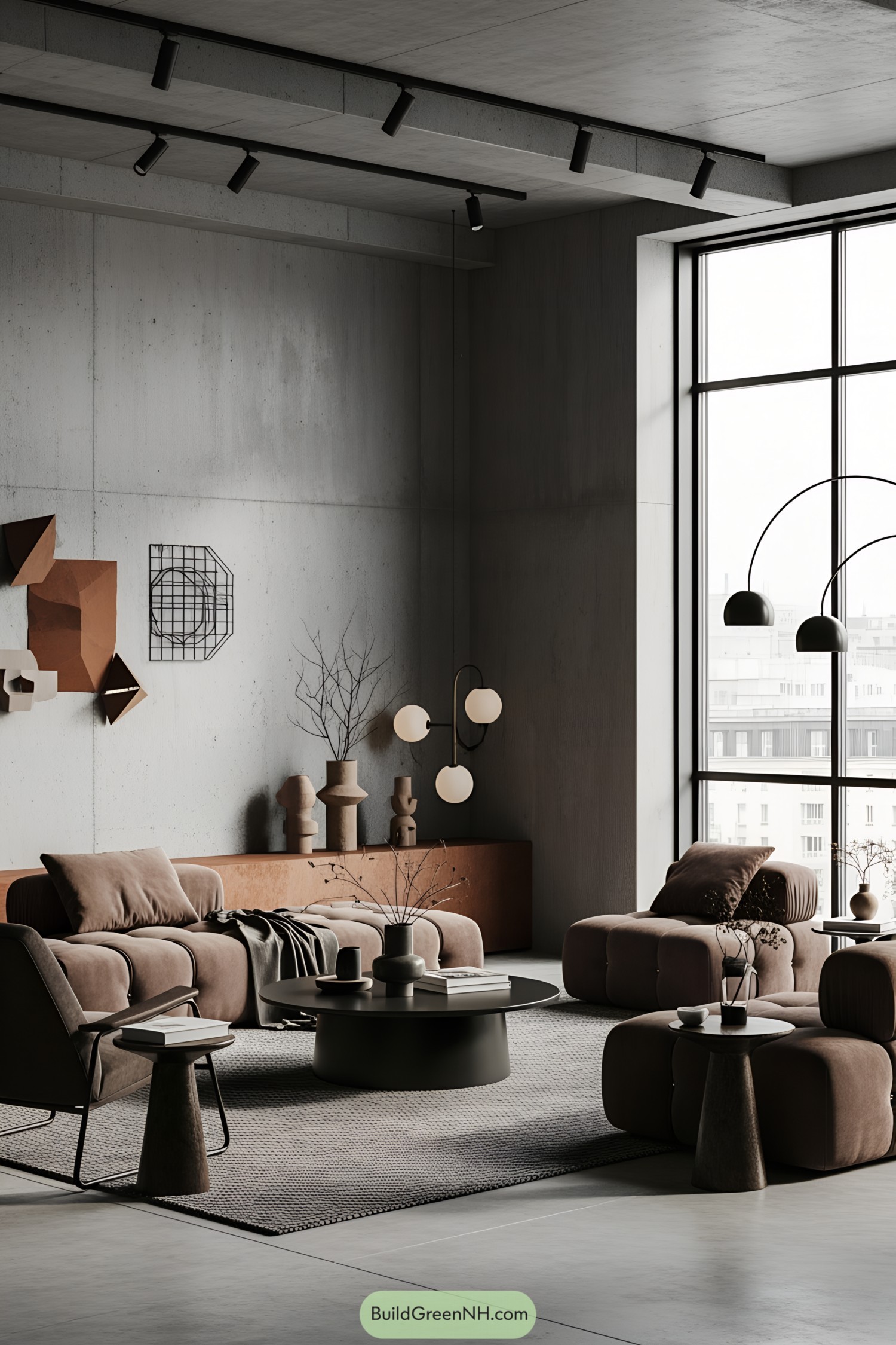 Modern brutalist living room with earthy tones