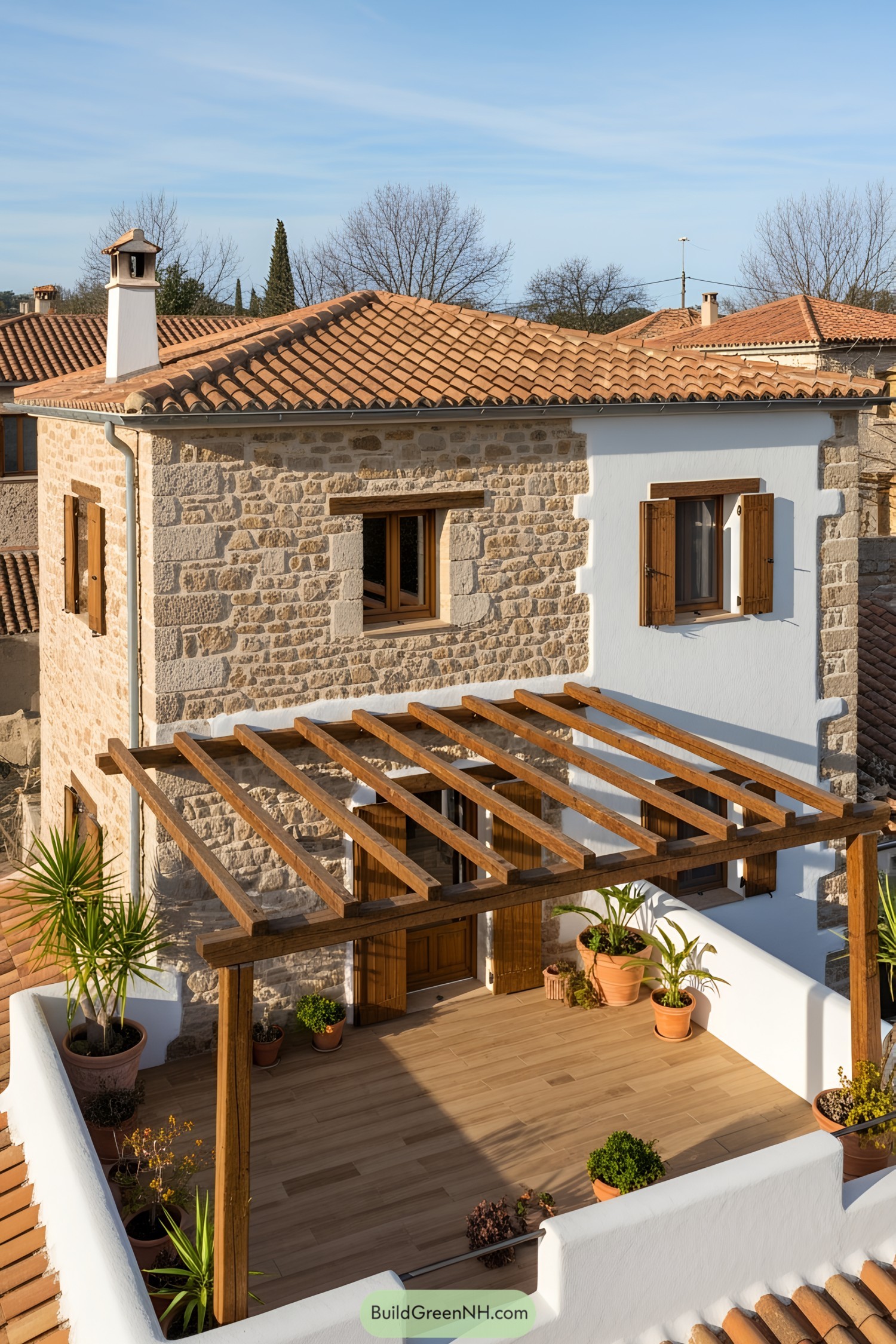 Charming rustic house with wooden pergola and terracotta roof