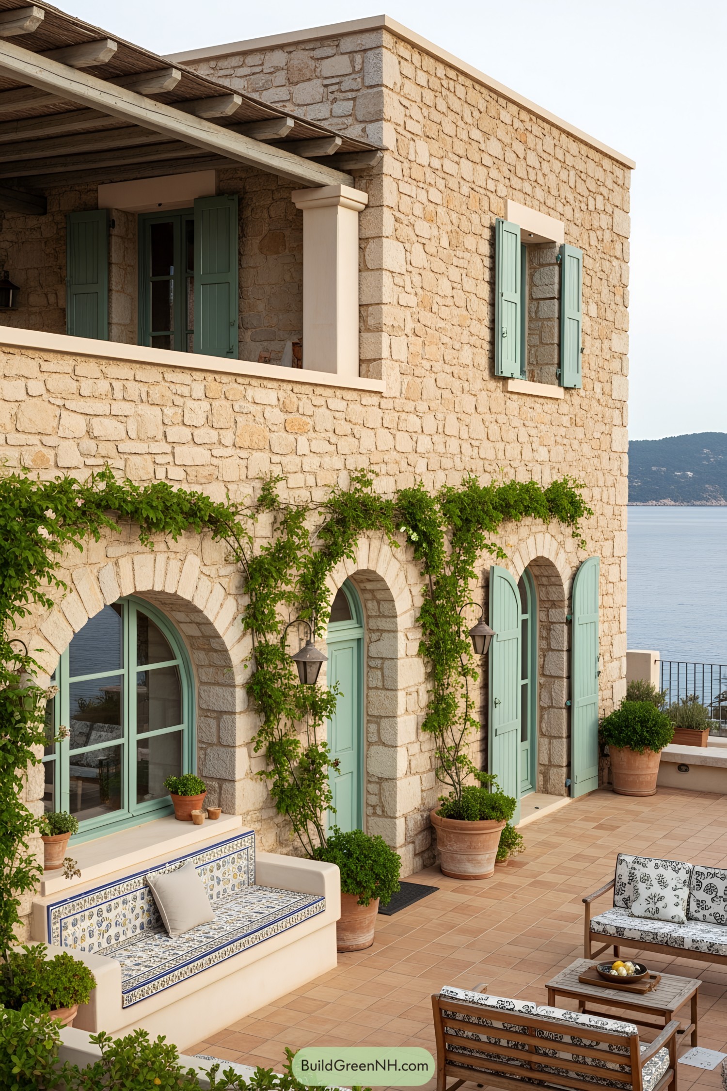 Beautiful stone terrace with pastel accents