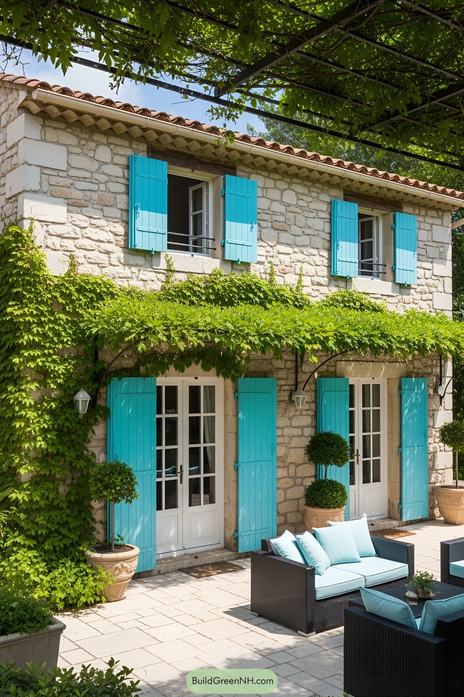 Mediterranean house with blue shutters and lush greenery