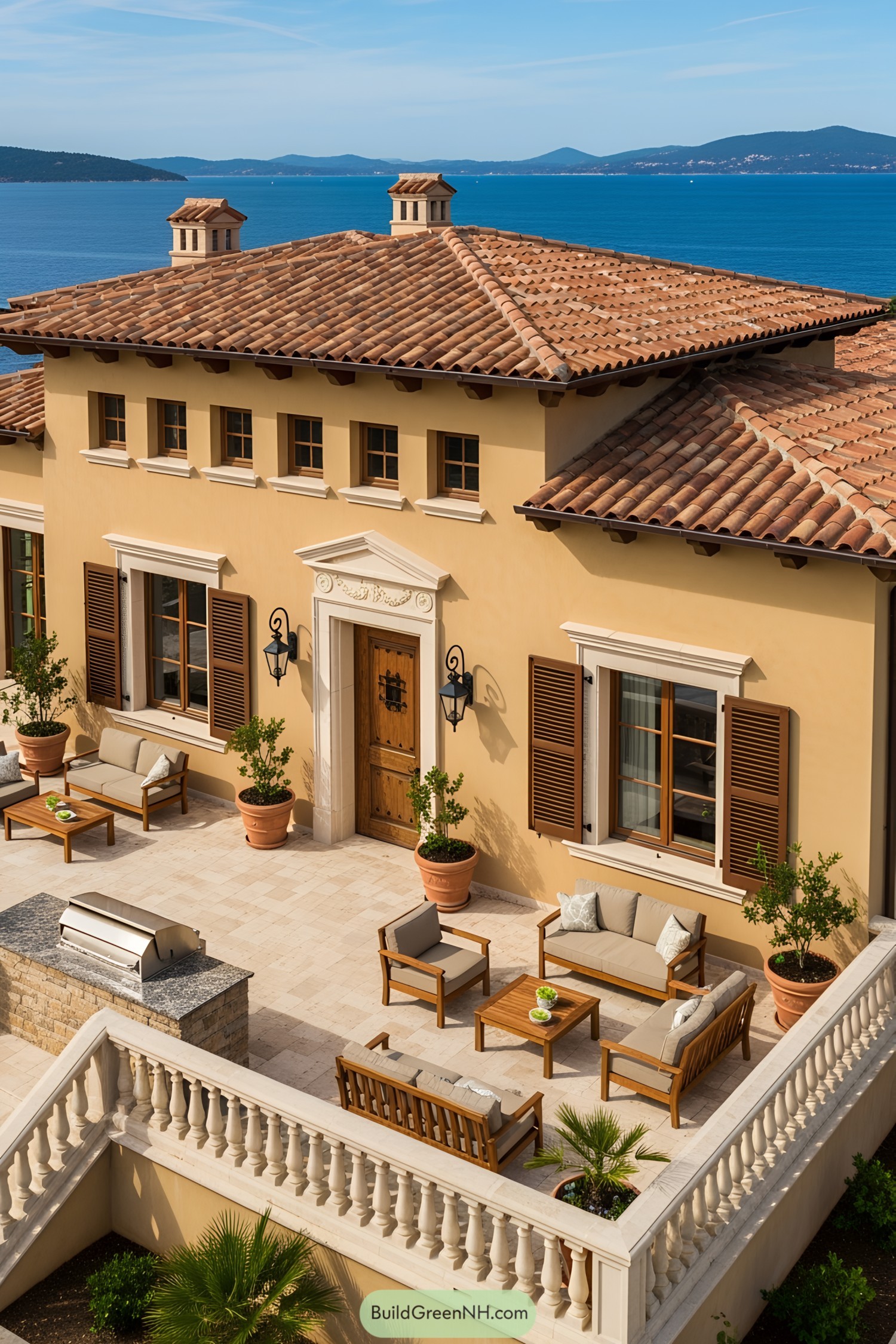 Sunny terrace with terracotta roof and ocean view