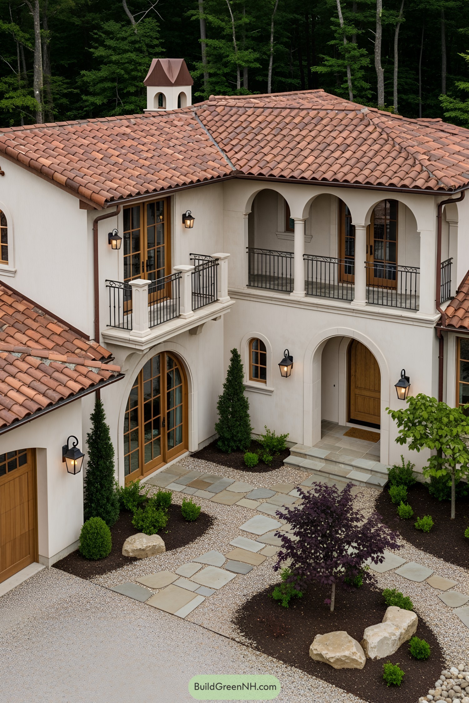 Elegant Mediterranean house with tiled roof and terraces