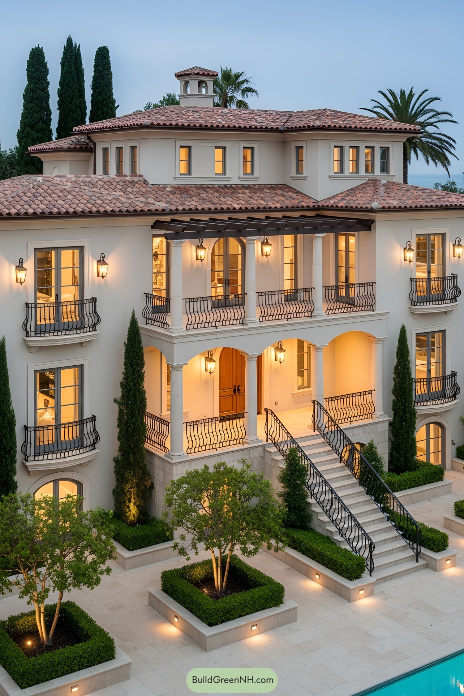 Elegant Mediterranean home with terraced design and lush greenery