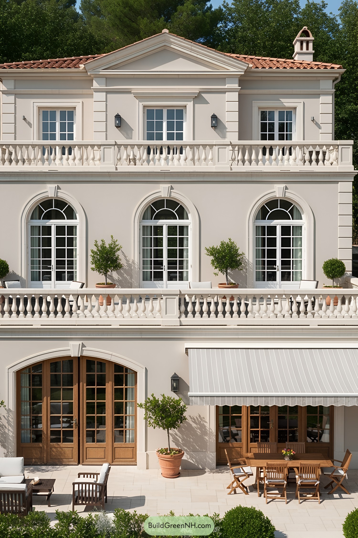 Mediterranean-style house with arched windows and balconies