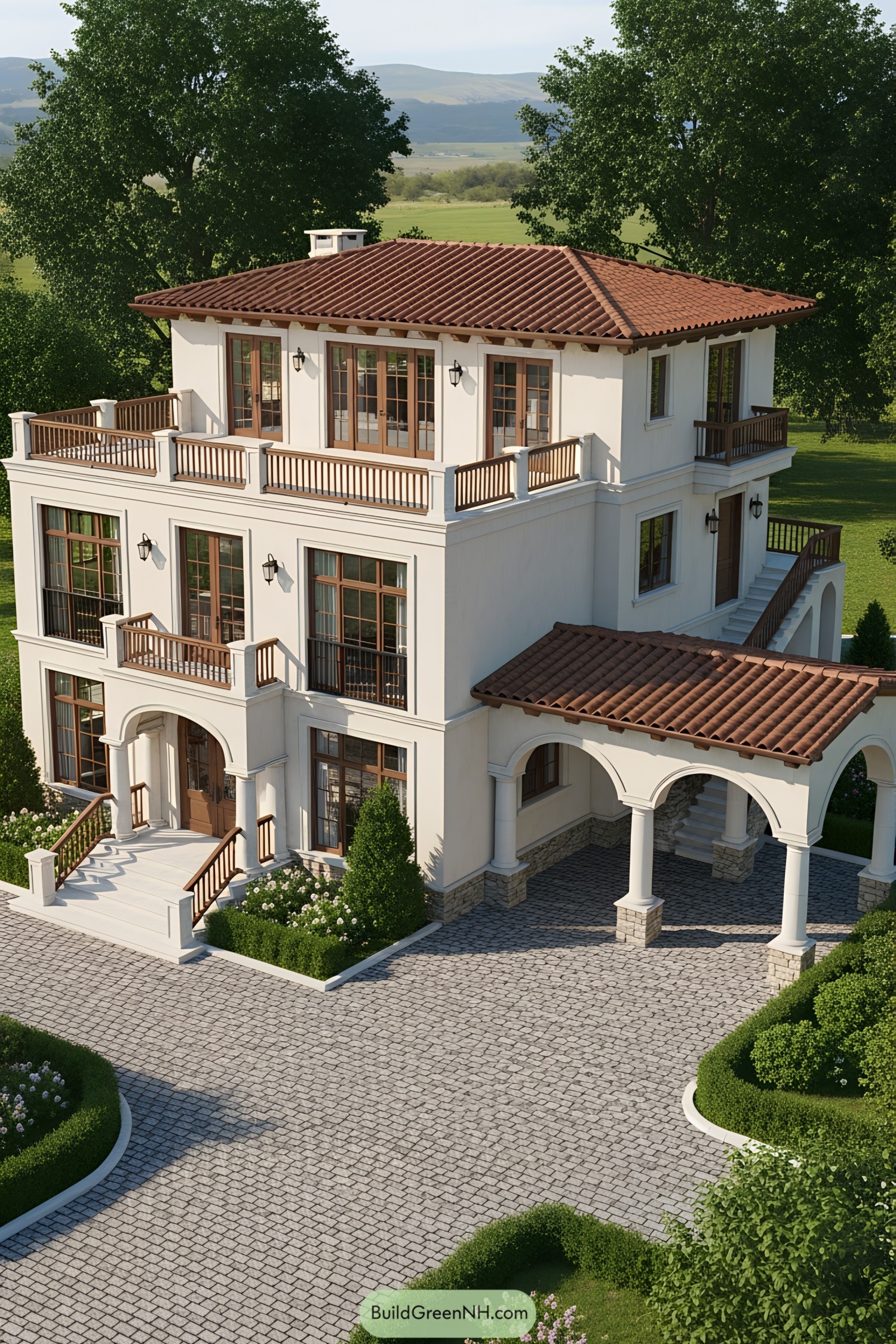 Terraced Mediterranean house with lush greenery