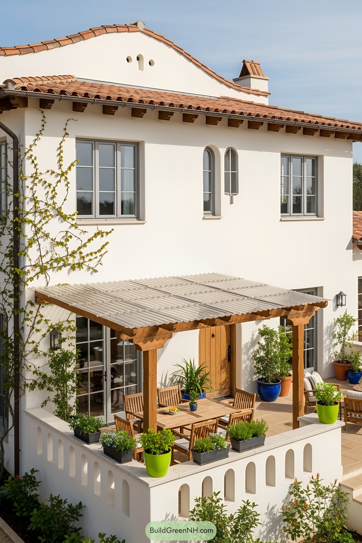Terrace with pergola and greenery