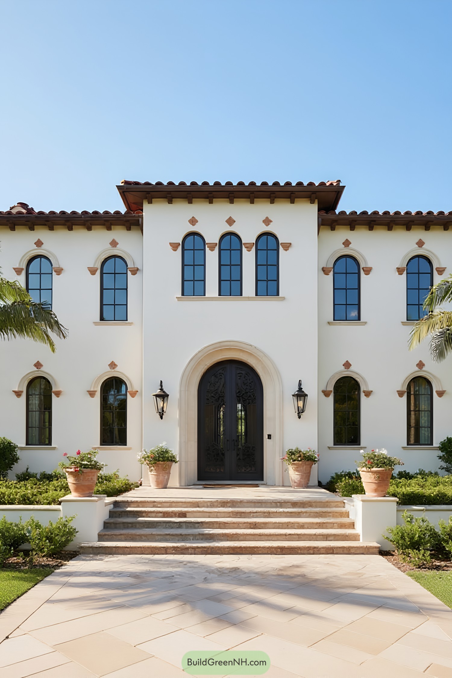 Mediterranean-style house with arched windows and terracotta roof