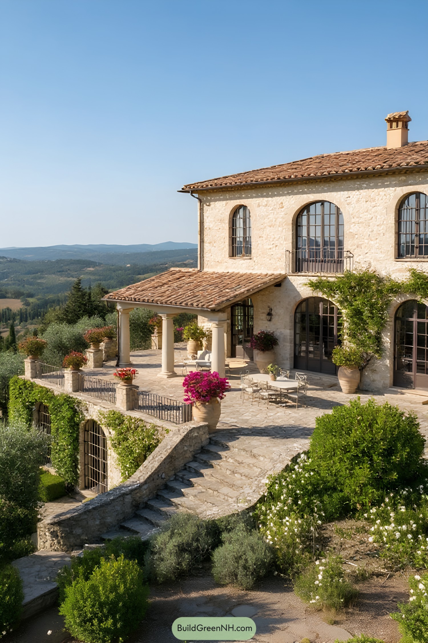 Mediterranean-style villa with terracotta roof and lush greenery