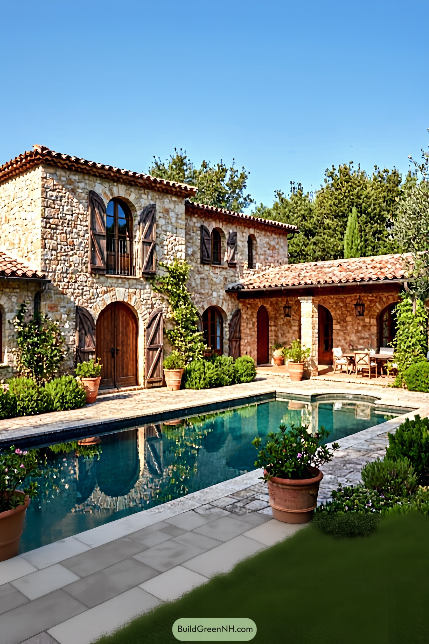 Rustic Mediterranean house with stone walls and a pool