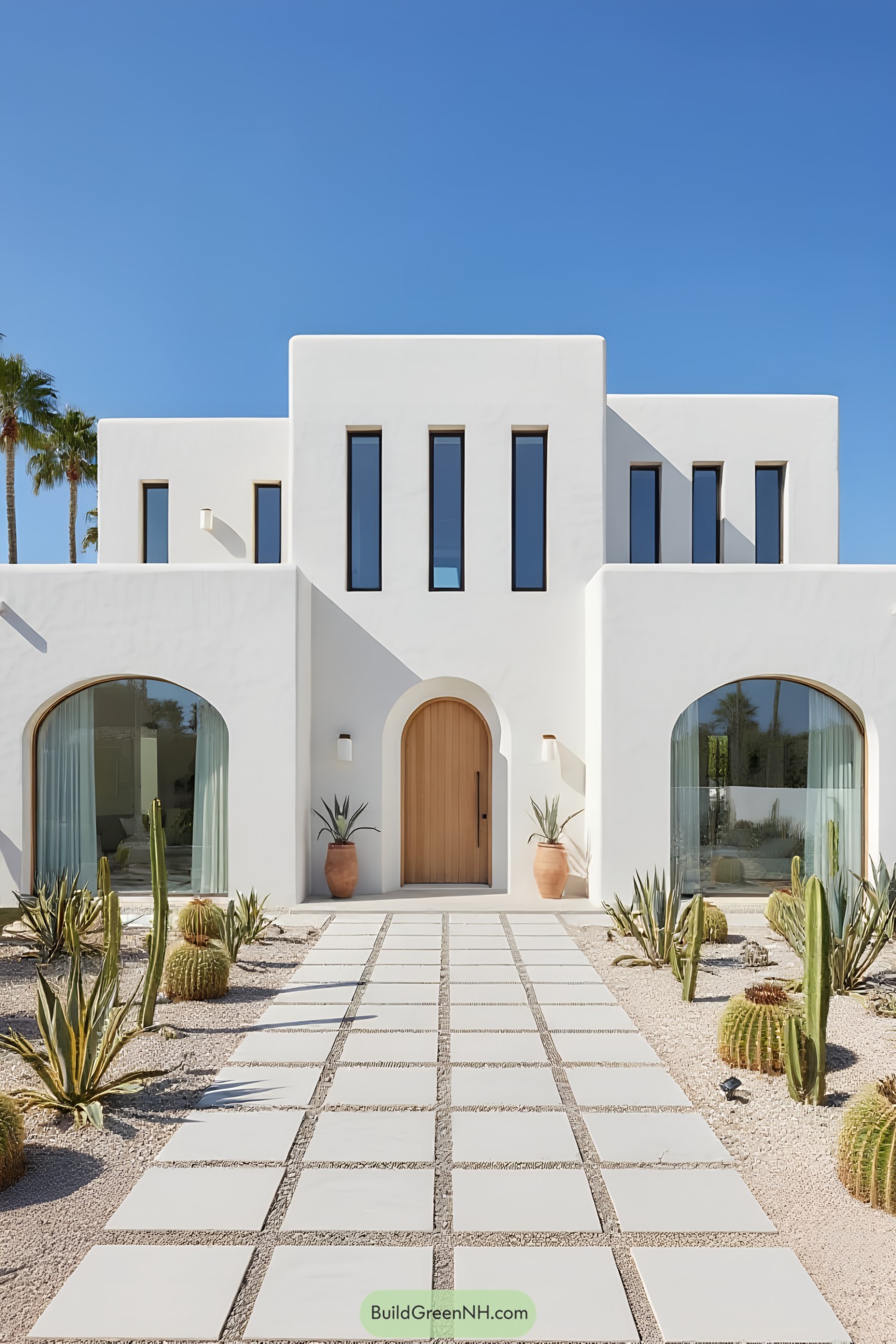 White stucco house with tall windows and a cactus garden