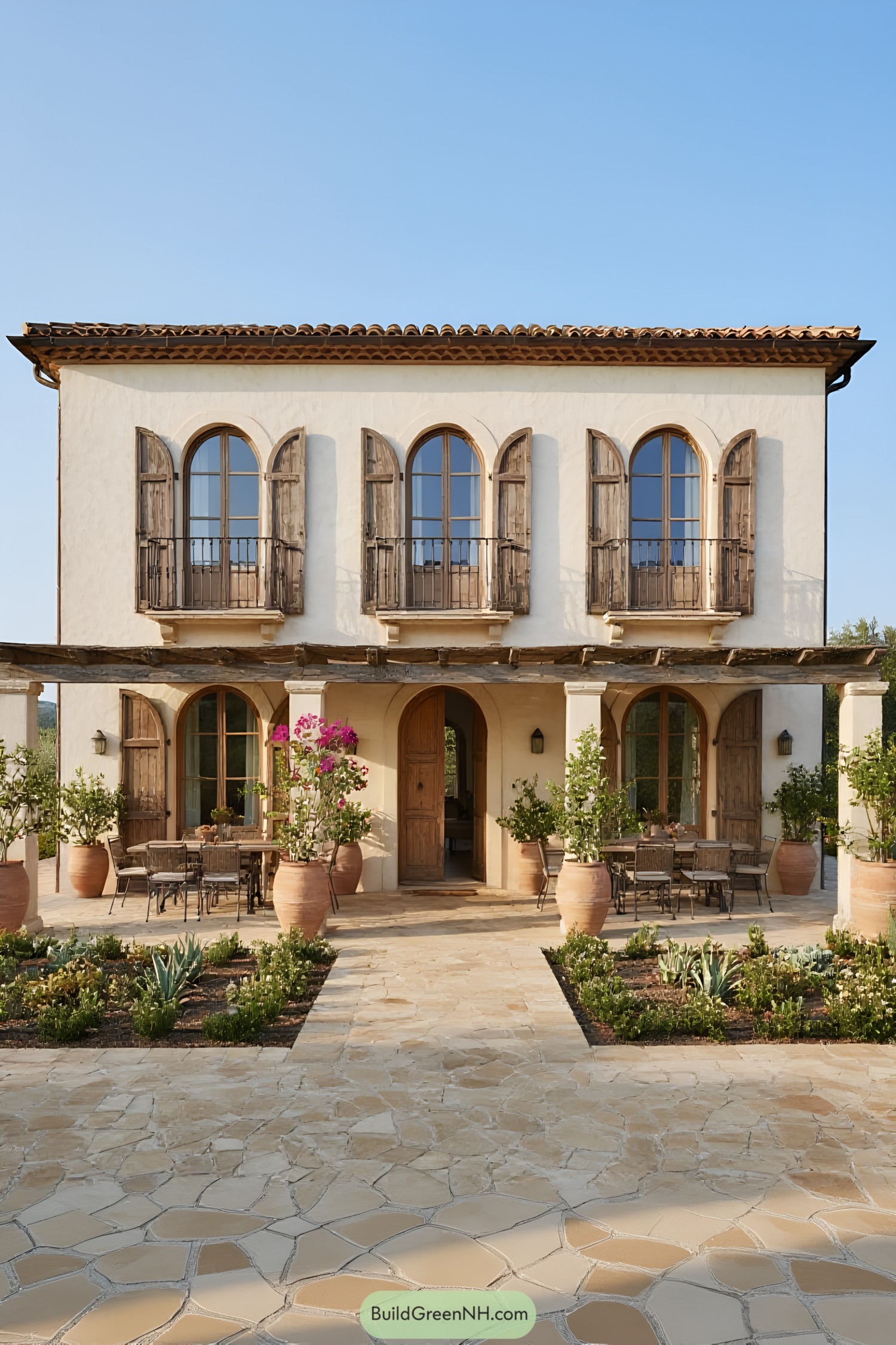 Mediterranean-style house with rustic shutters and a welcoming patio