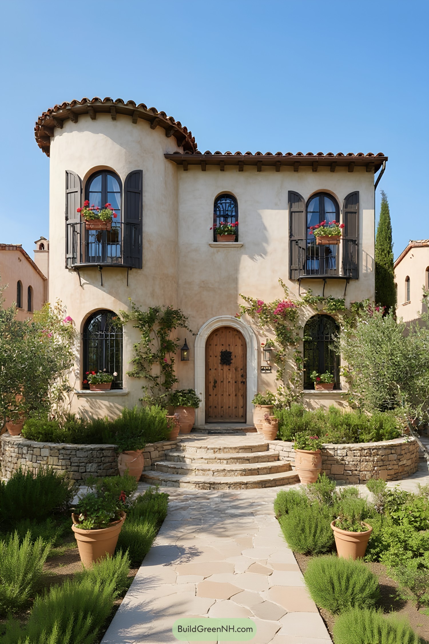 Mediterranean style house with rustic charm and lush plants