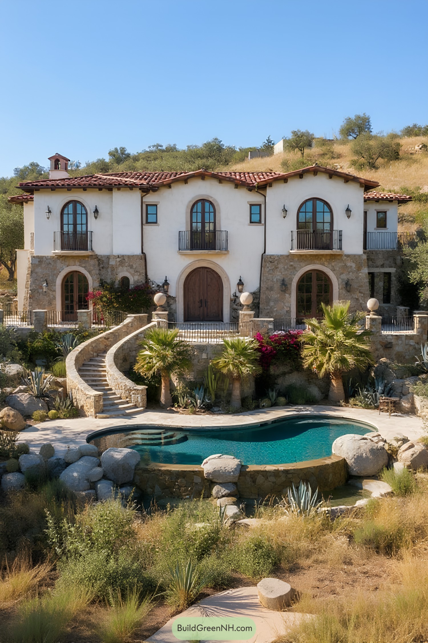 Mediterranean-style house with pool and curved staircase