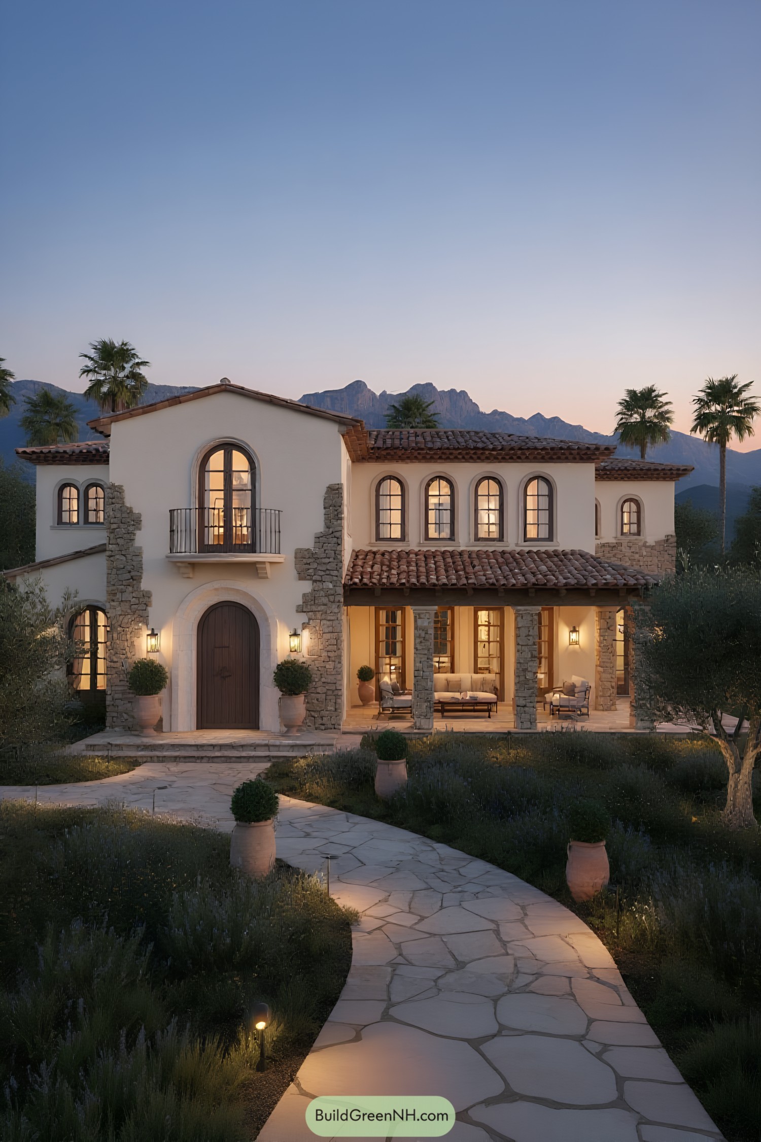 Mediterranean-style villa at dusk with stone accents and terracotta roof
