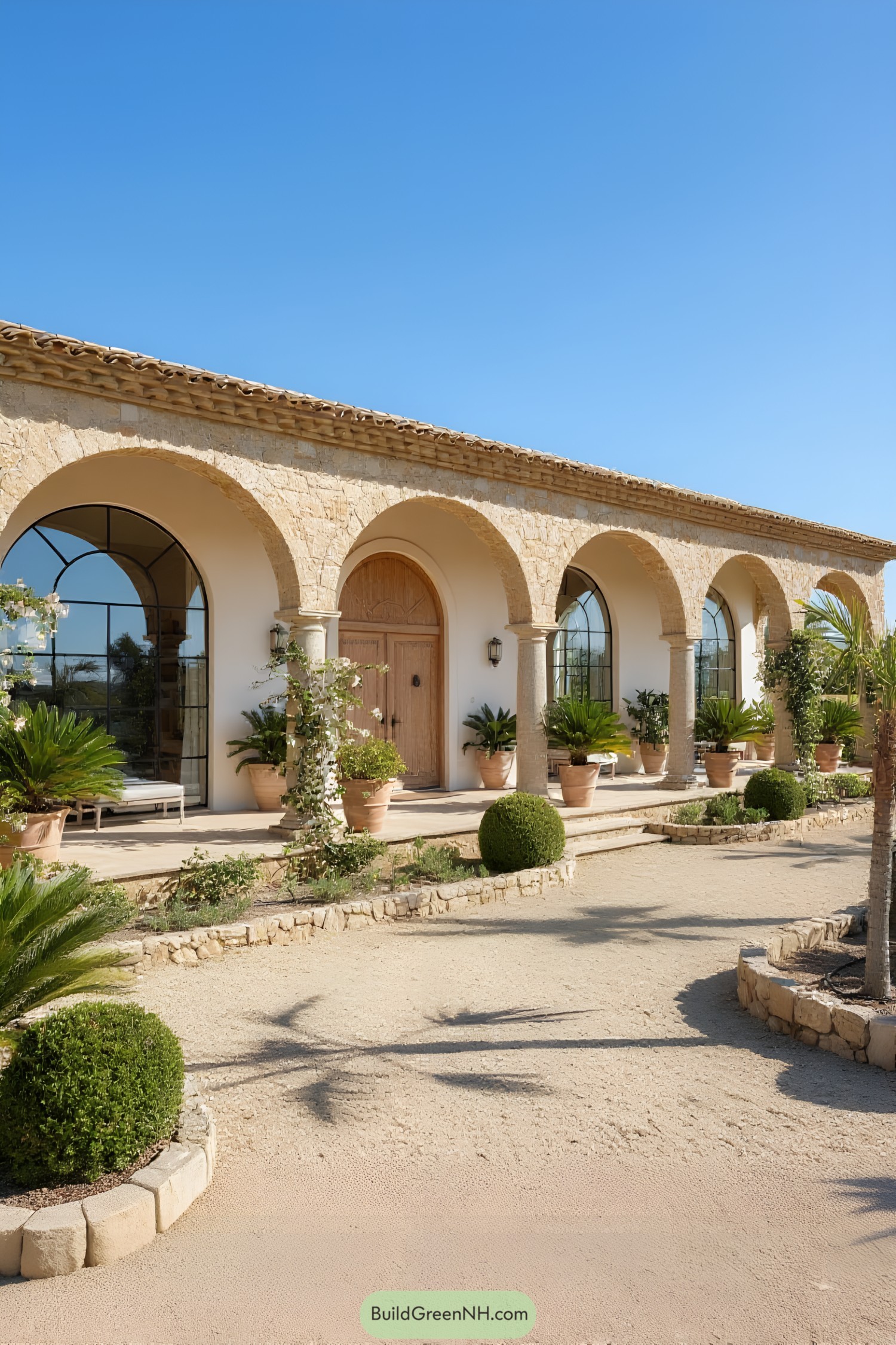 Stone house with tall arches and potted plants