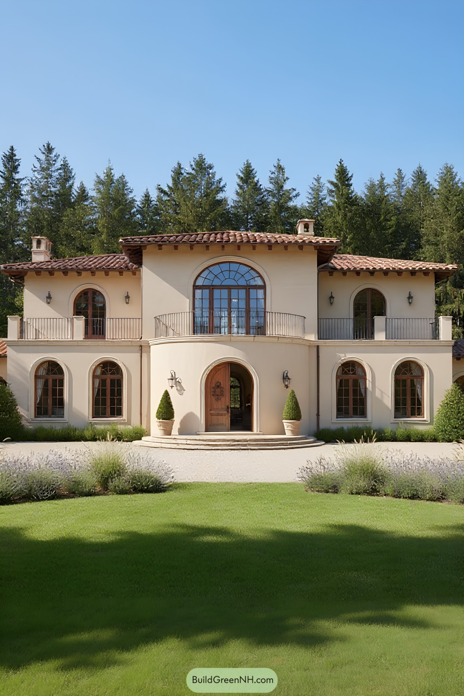 A beautiful Mediterranean-style house with a grand entrance and lush lawn