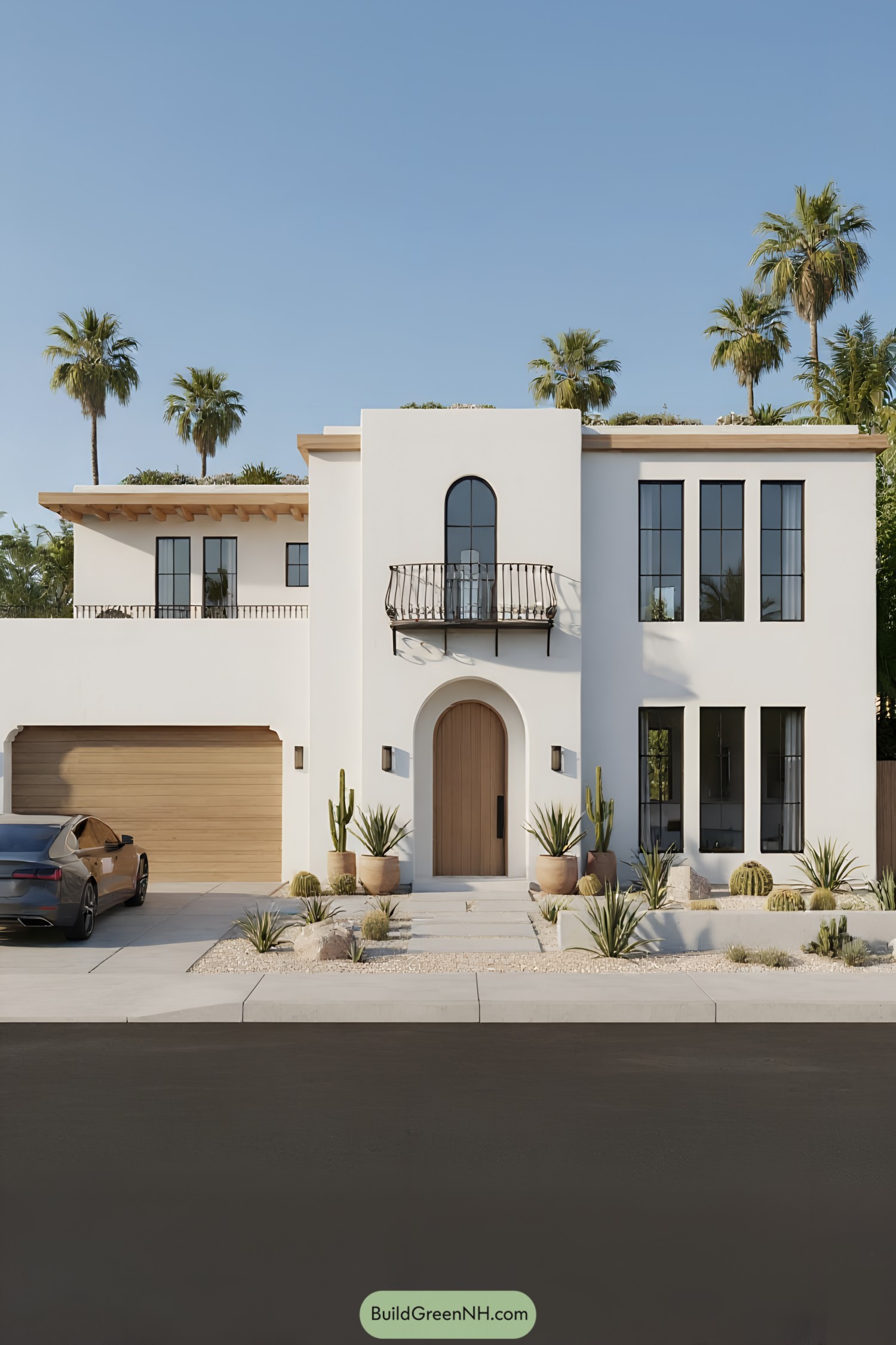 Modern Mediterranean house with palm trees and cacti