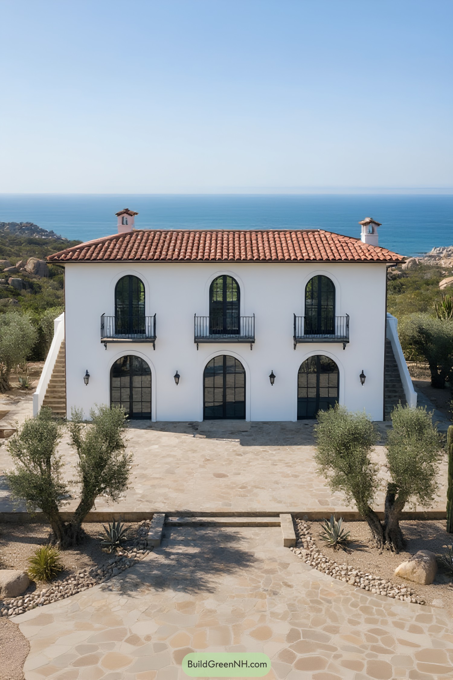 White villa with arched windows and terracotta roof overlooking the sea