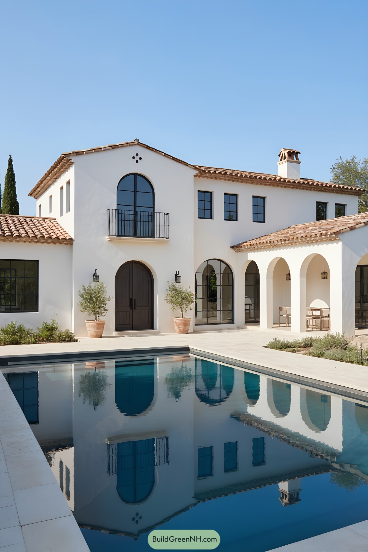 White stucco house with terracotta roof and pool