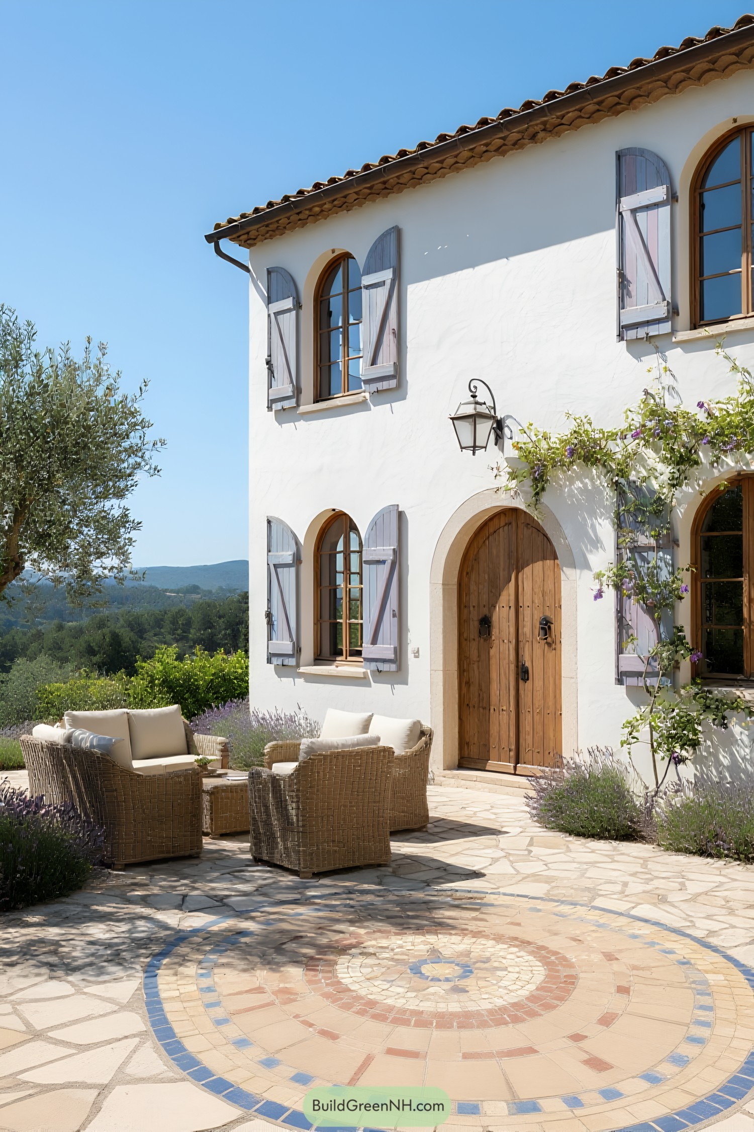 Cozy Mediterranean courtyard with wicker seating