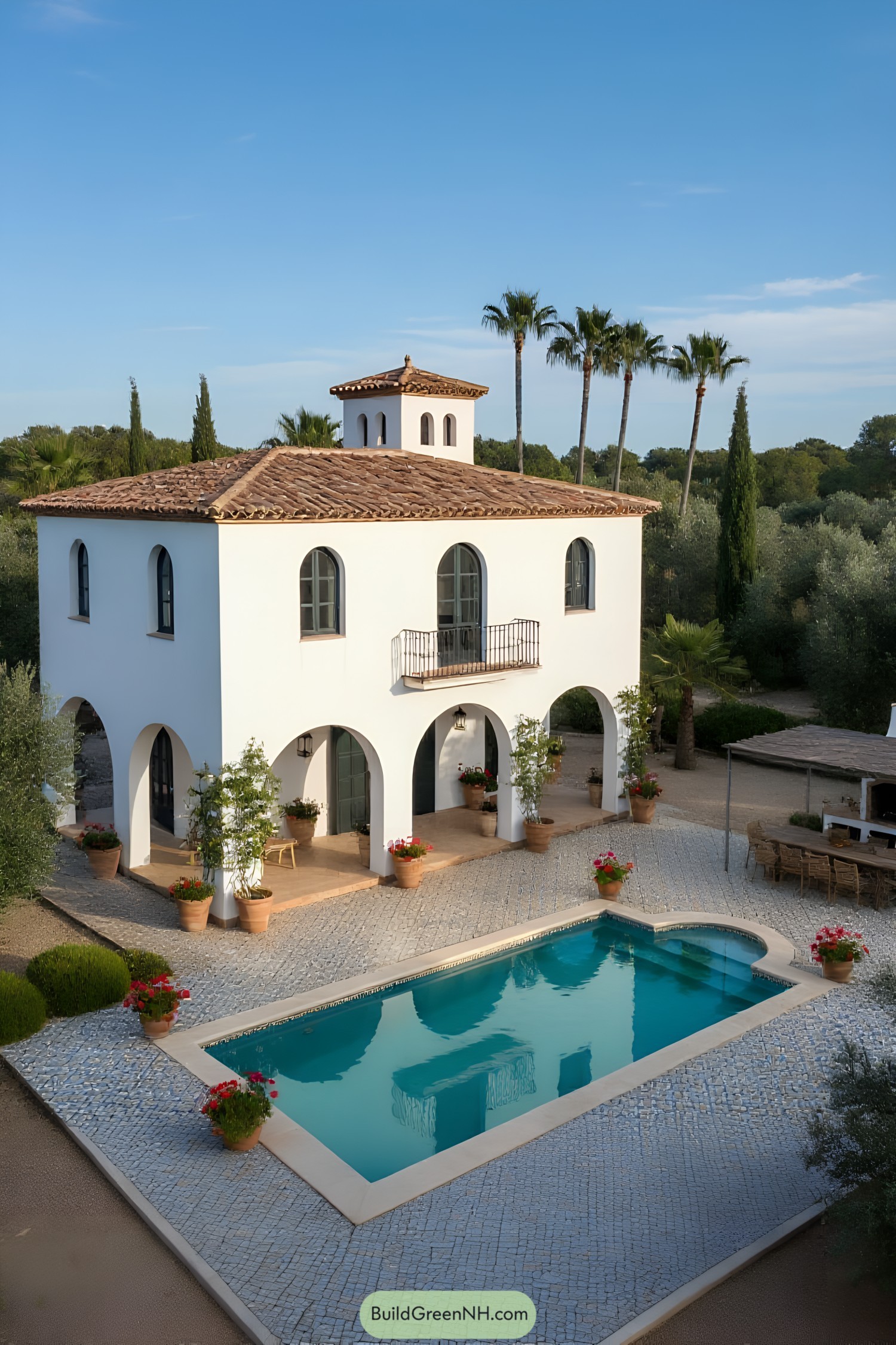 Mediterranean-style house with a pool and arches