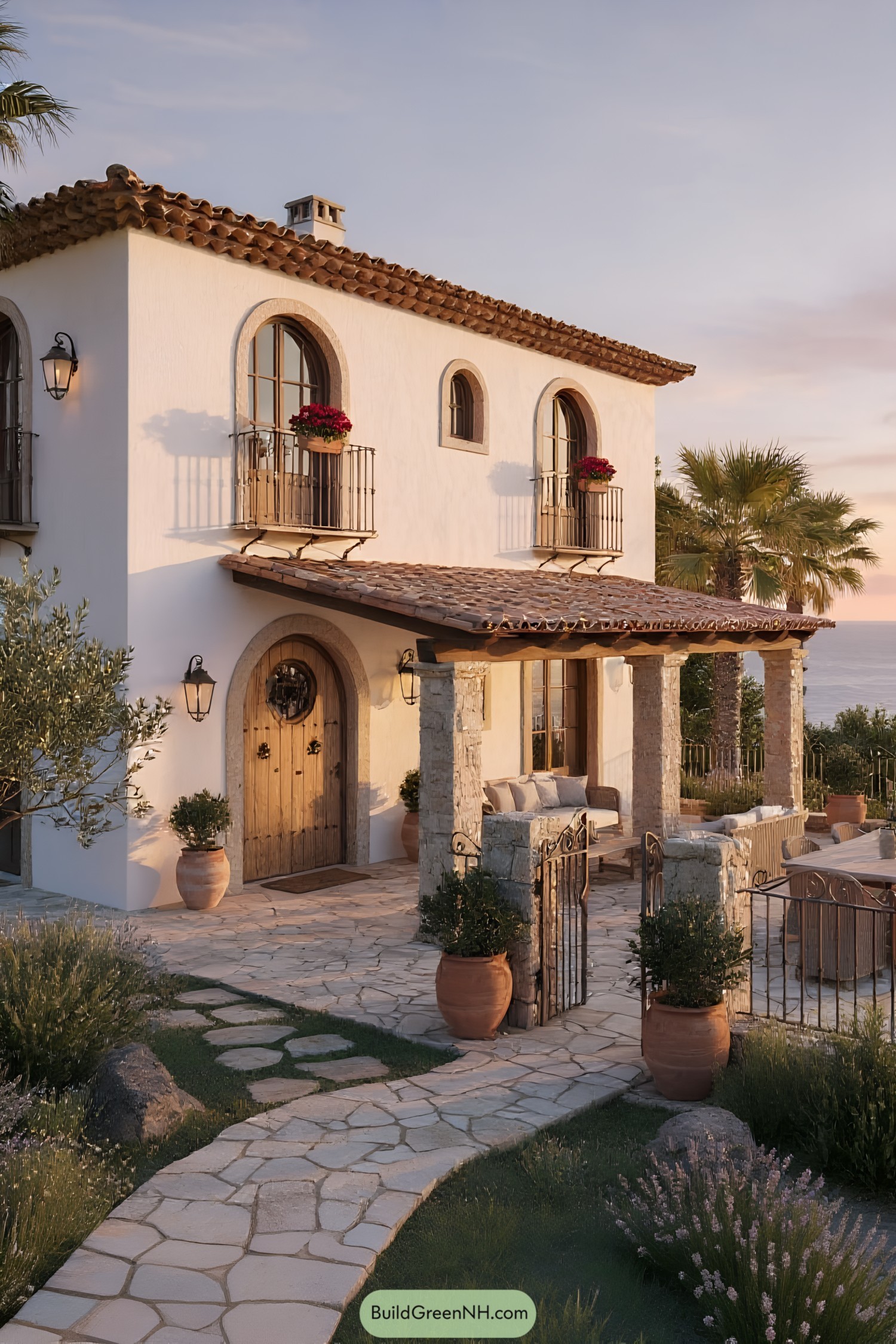 Charming Mediterranean-style house with a stone path and terracotta roof