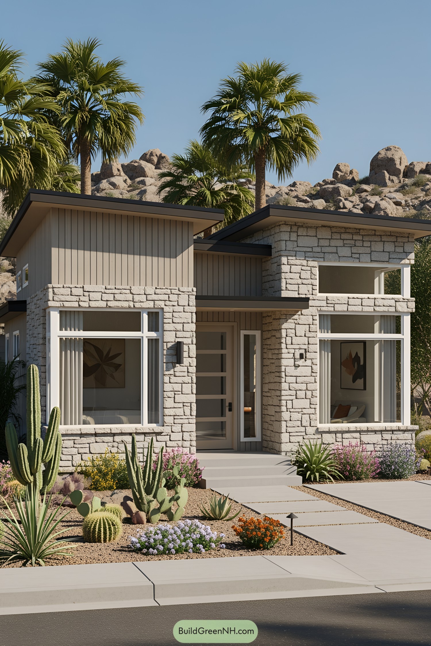 Midcentury modern tiny house with stone facade and desert landscaping
