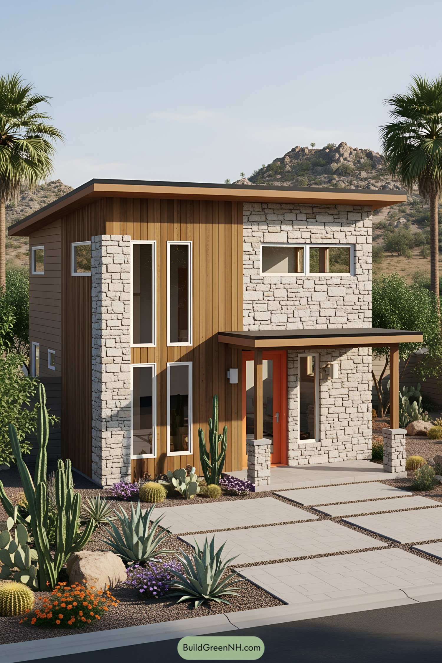 Midcentury tiny house with cactus landscaping