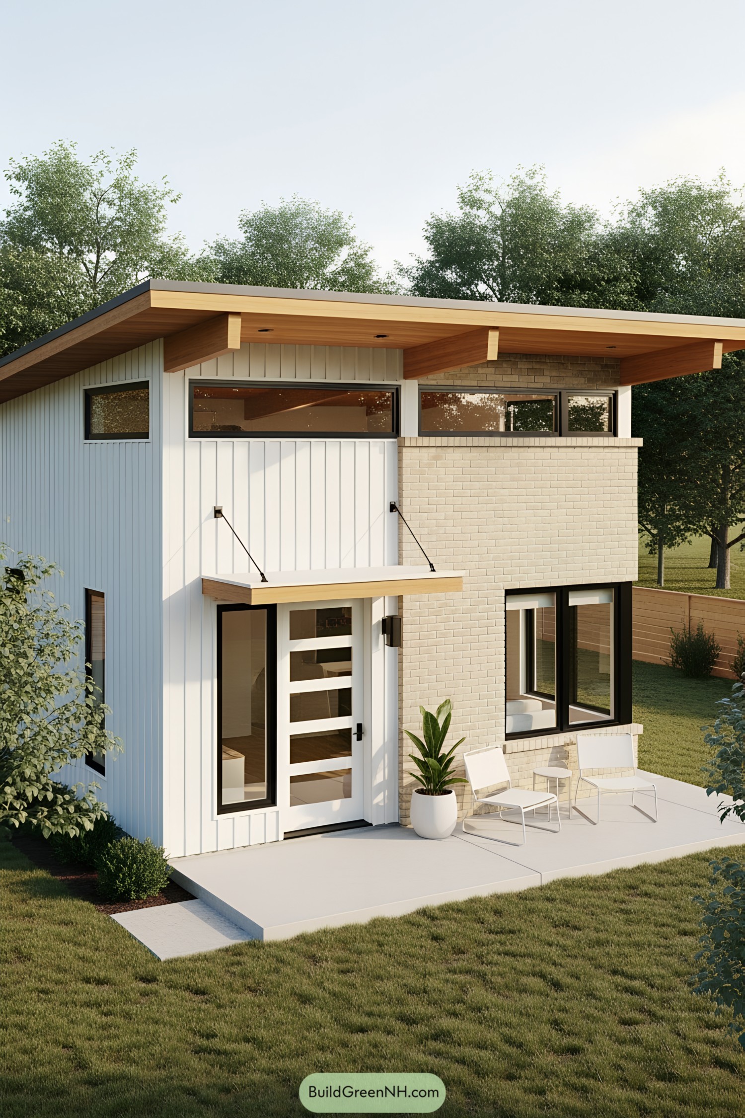 Modern tiny house with a slanted roof and minimalist patio