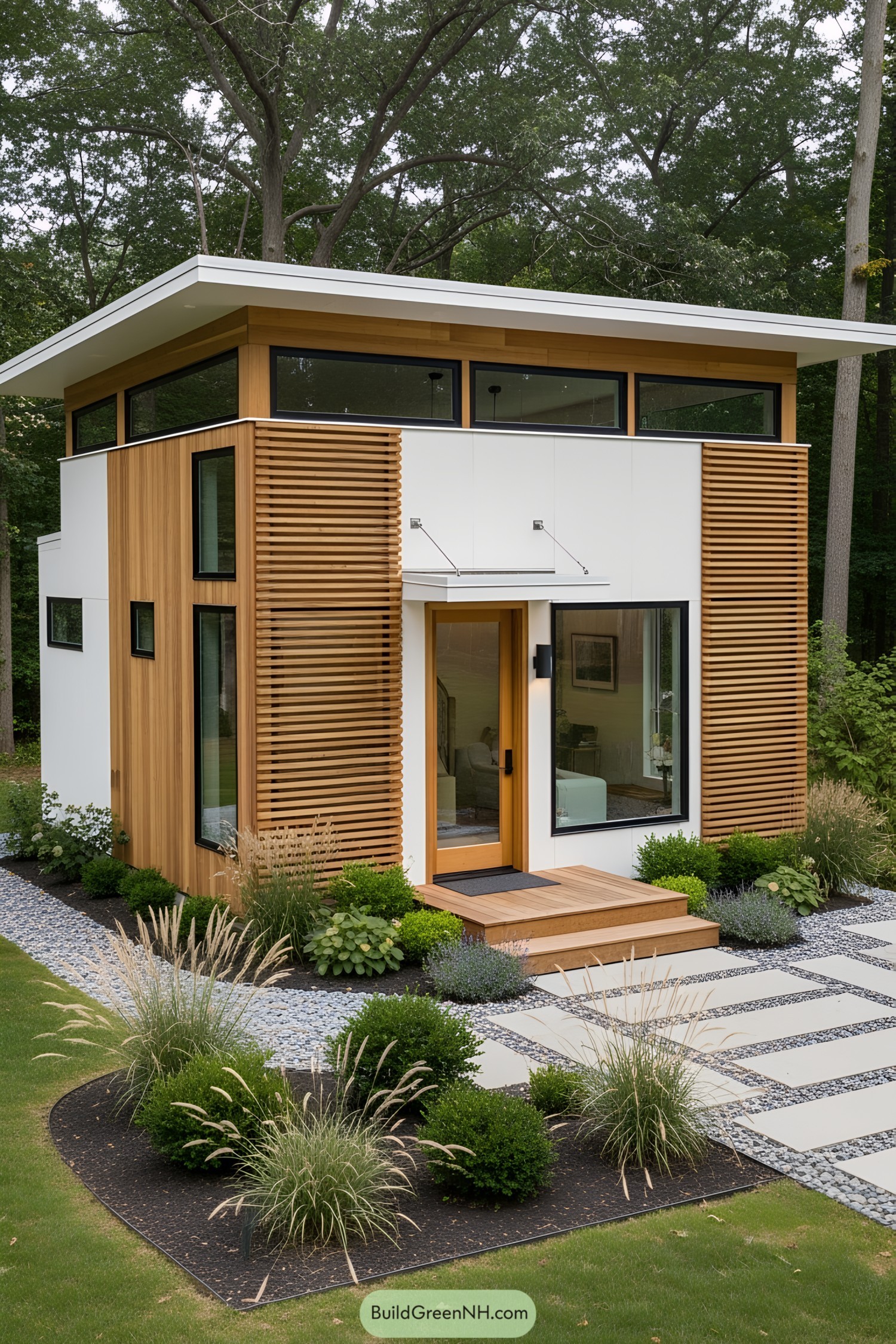 Modern tiny house with wooden accents and lush greenery