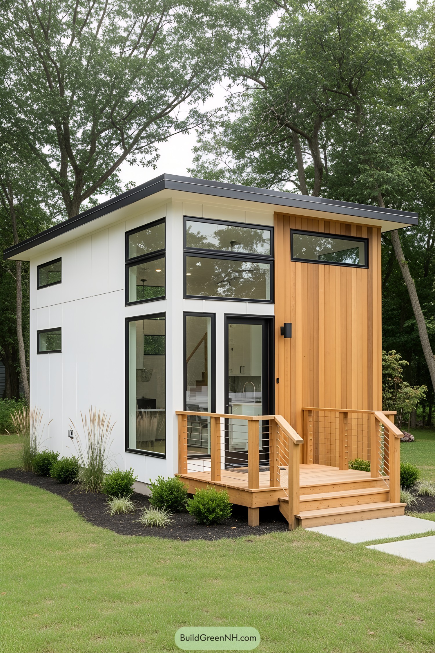 Modern tiny house with large windows and wood accents