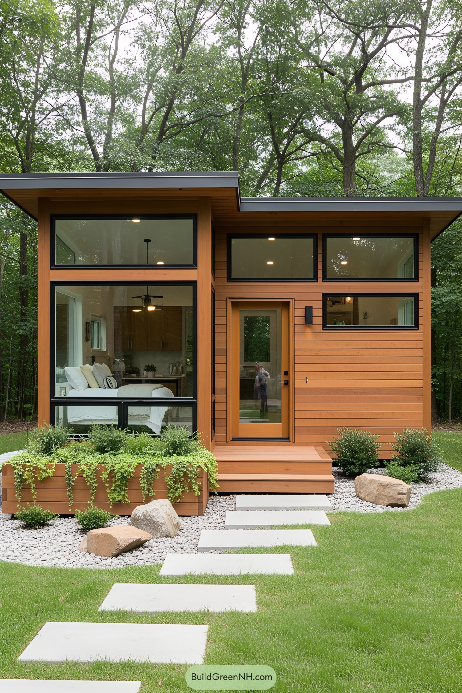 Sleek tiny house with big windows amidst lush trees