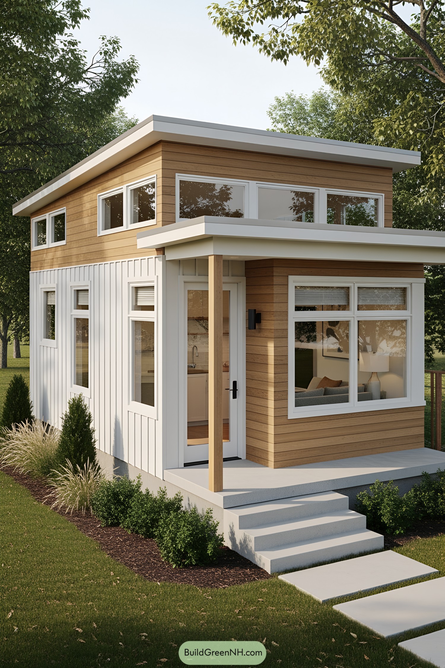Charming midcentury tiny house with sleek lines and large windows