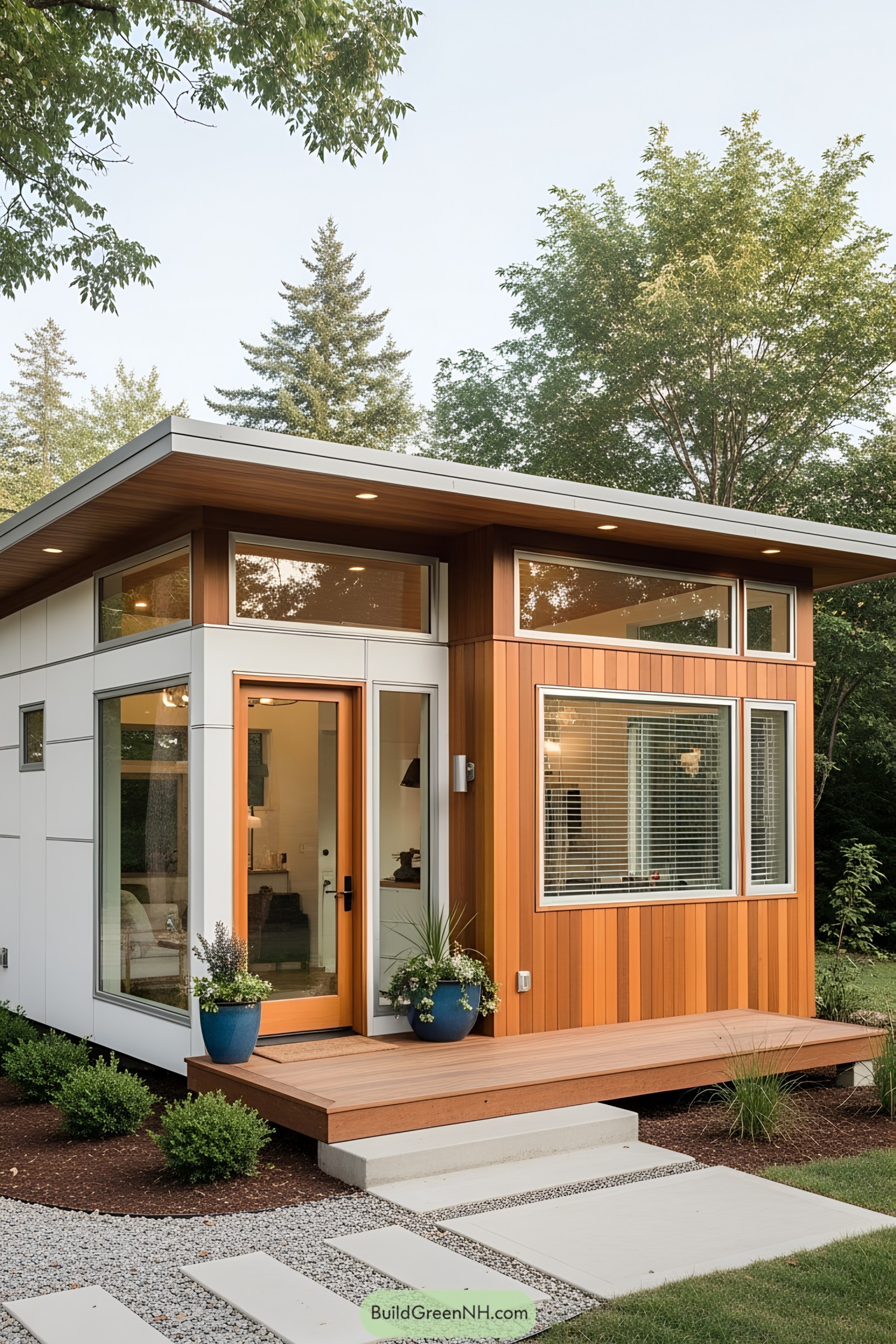 Tiny wooden house with large windows, surrounded by greenery