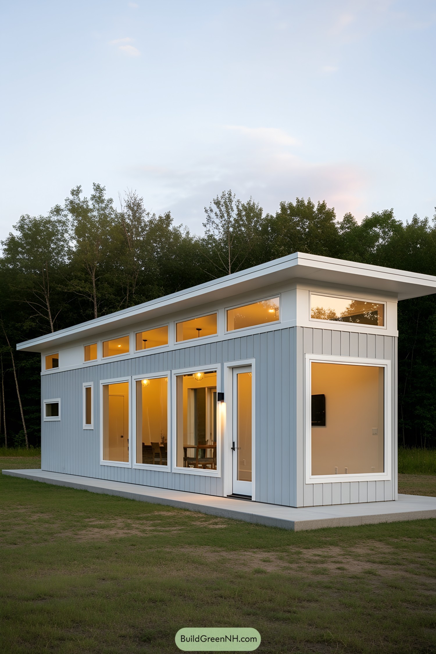 Stylish tiny house with large windows and modern design