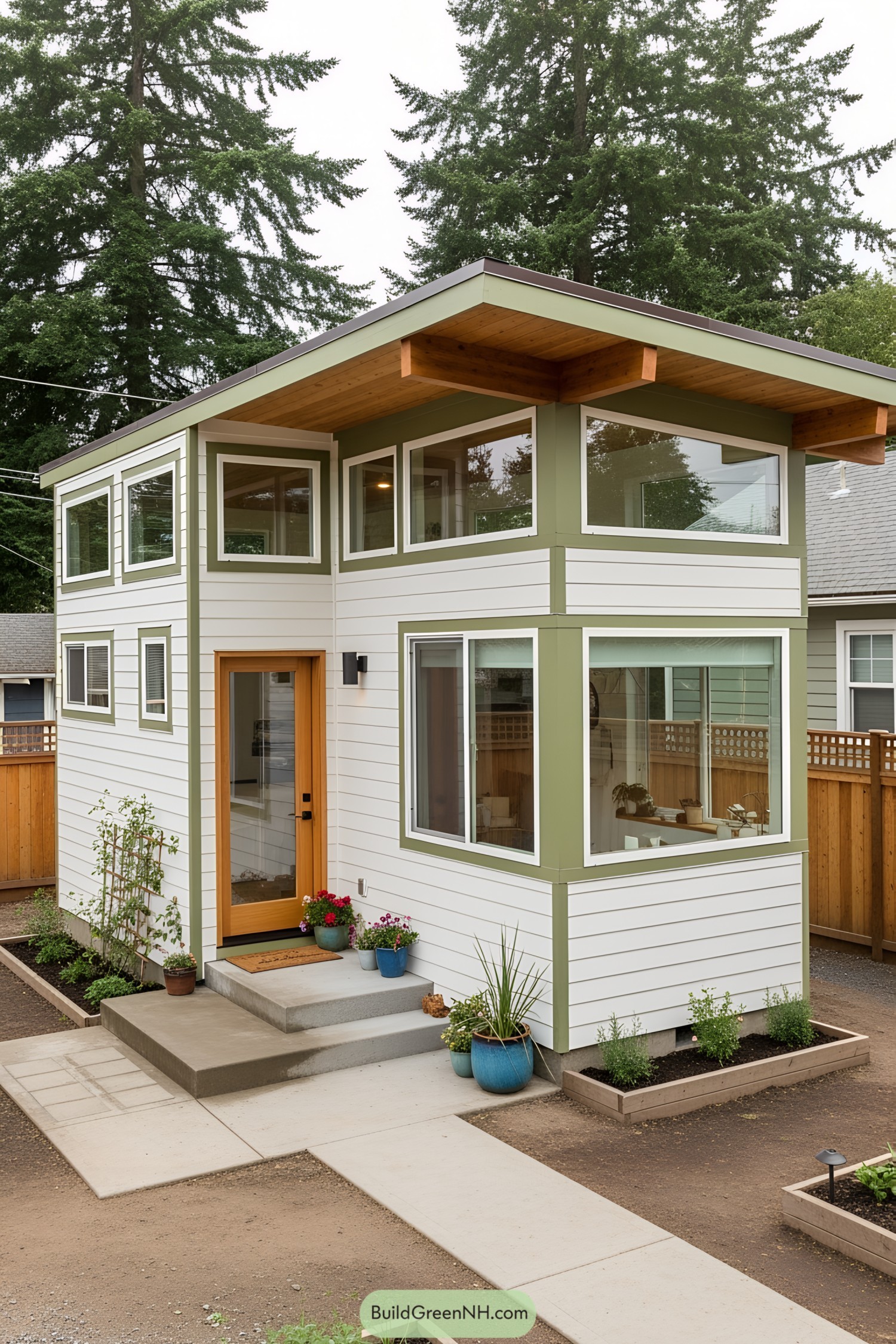 Tiny midcentury modern house with a large window and green accents
