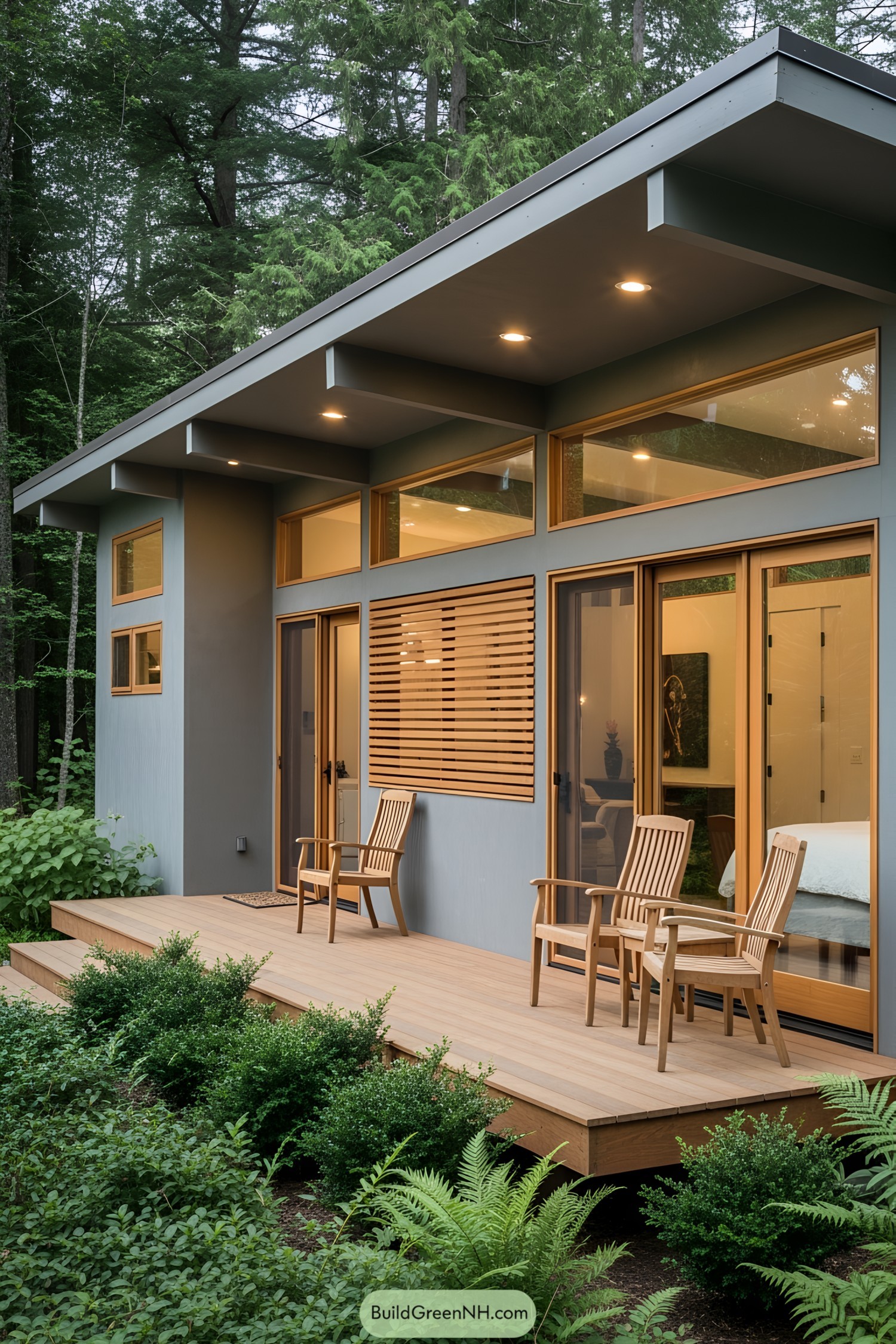 Compact midcentury house with a sloped roof and wooden deck