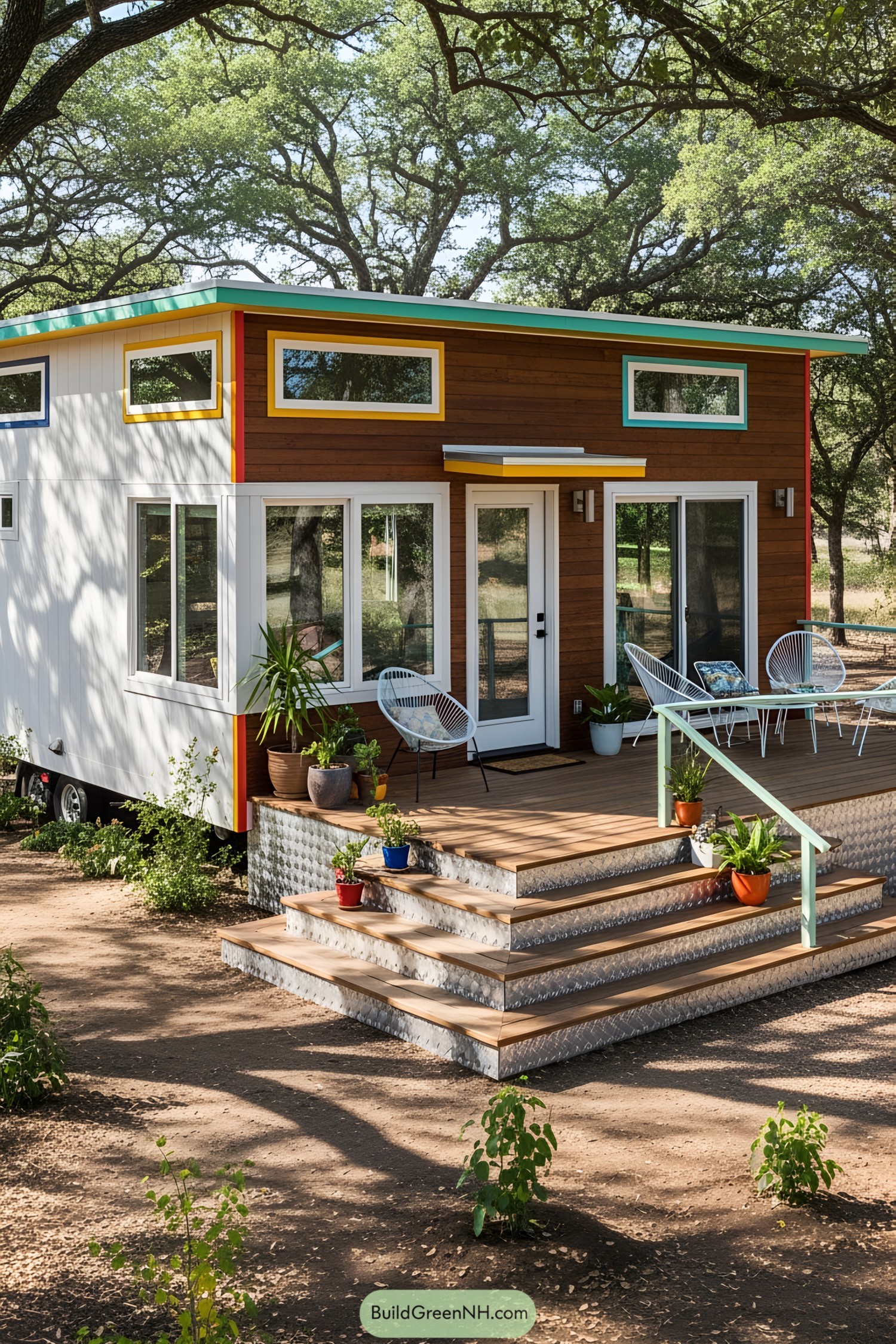 Vibrant tiny house with retro features and colorful accents