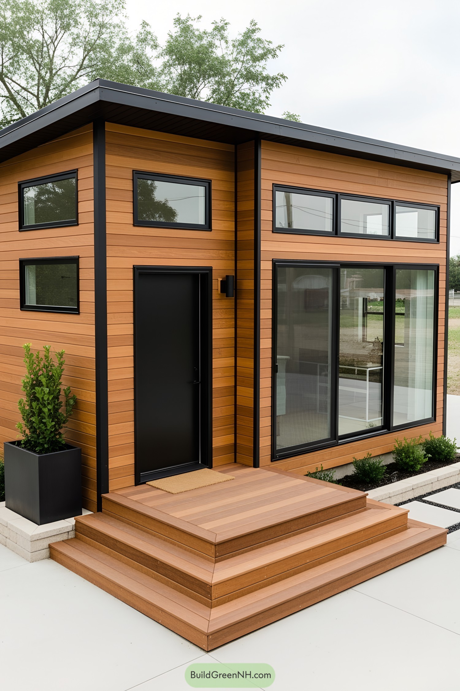 Compact midcentury modern house with large windows and a wood facade